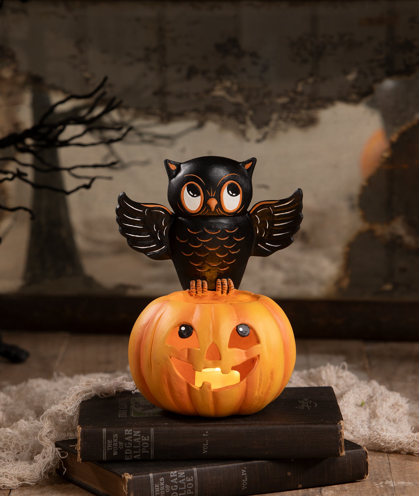 Owl on Jack O'Lantern - Pumpkin Cnadle Holder, shown lit up, from the Bethany Lowe Halloween Collection.