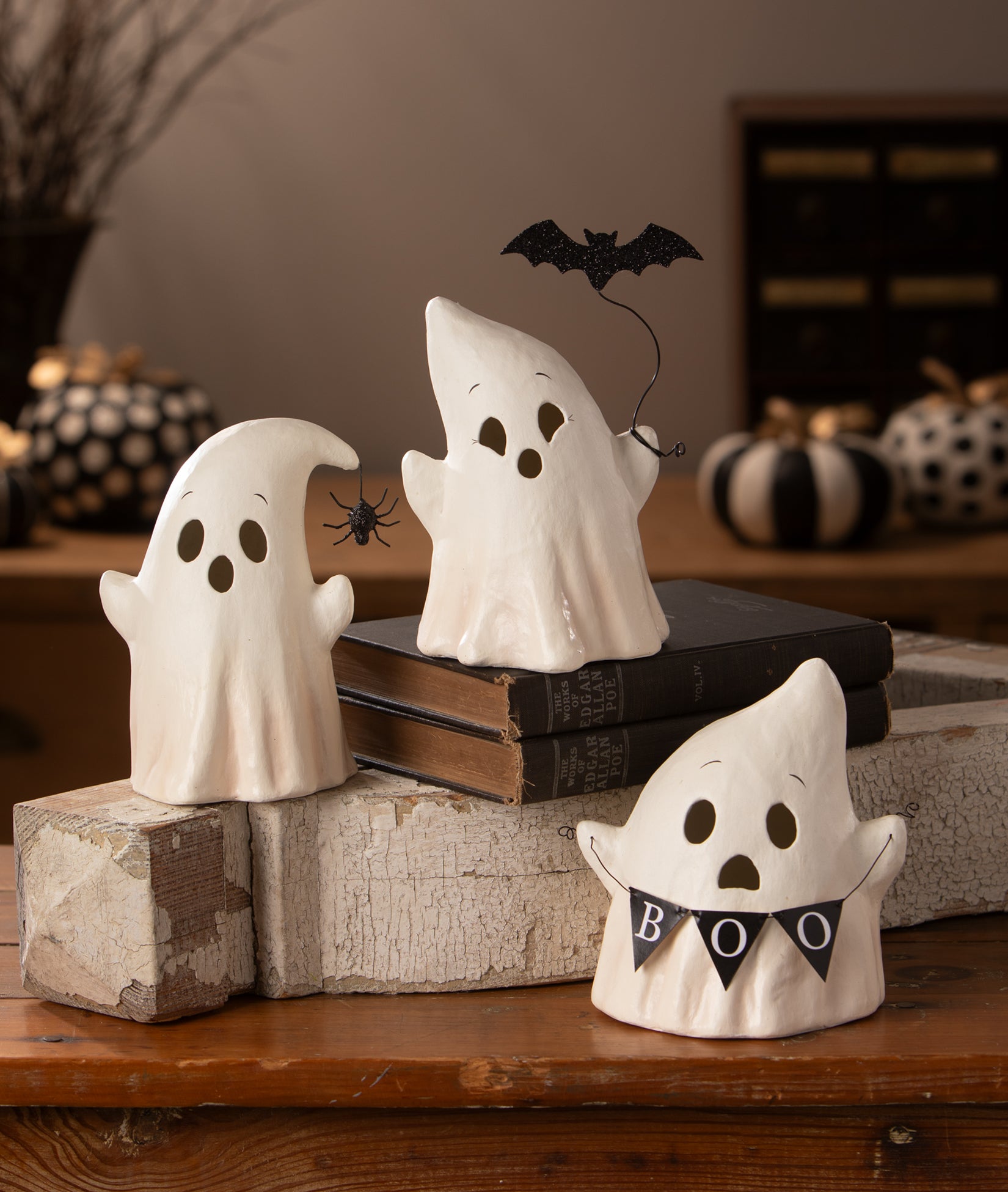 Paper Mache Ghost Luminaries from the Bethany Lowe 2026 Halloween Collection.