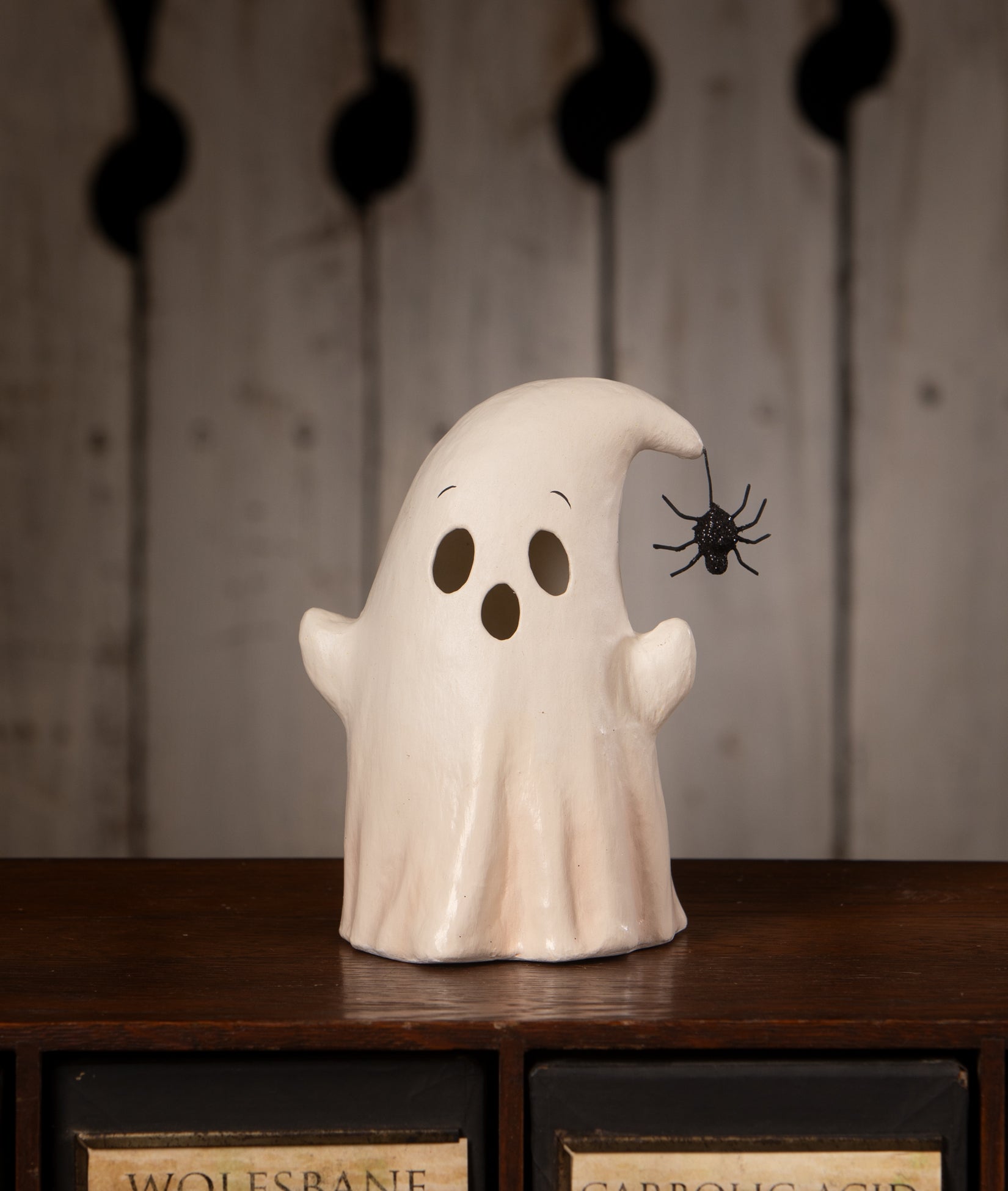 Ghost Boo with Spider Luminary made from paper mache by Bethany Lowe.