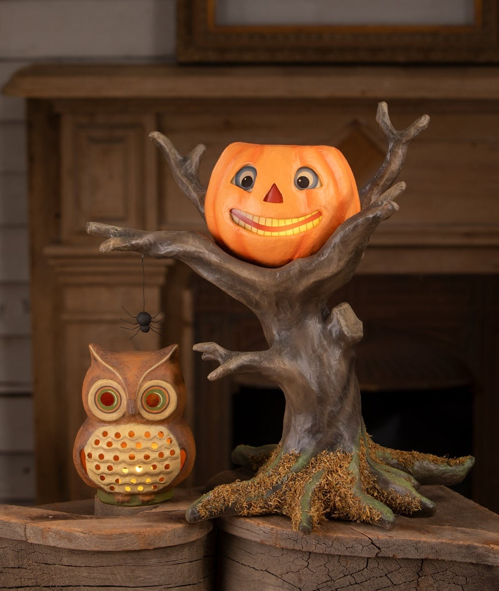 Retro Halloween Decorations made from paper mache featuring an owl, a tree, and a pumpkin bucket