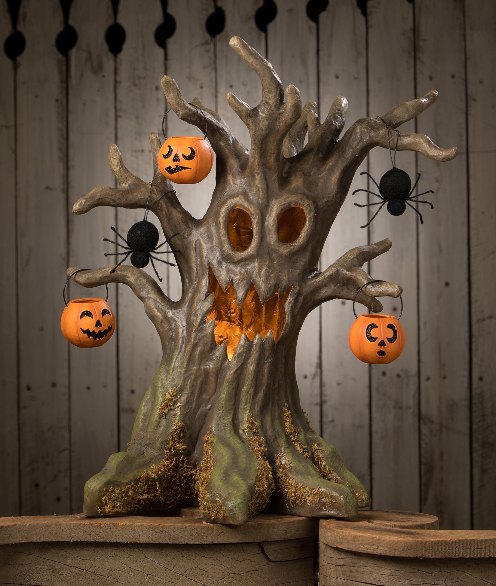 Bethany Lowe Happy Haunting Tree made from Paper Mache decorated with Halloween ornaments