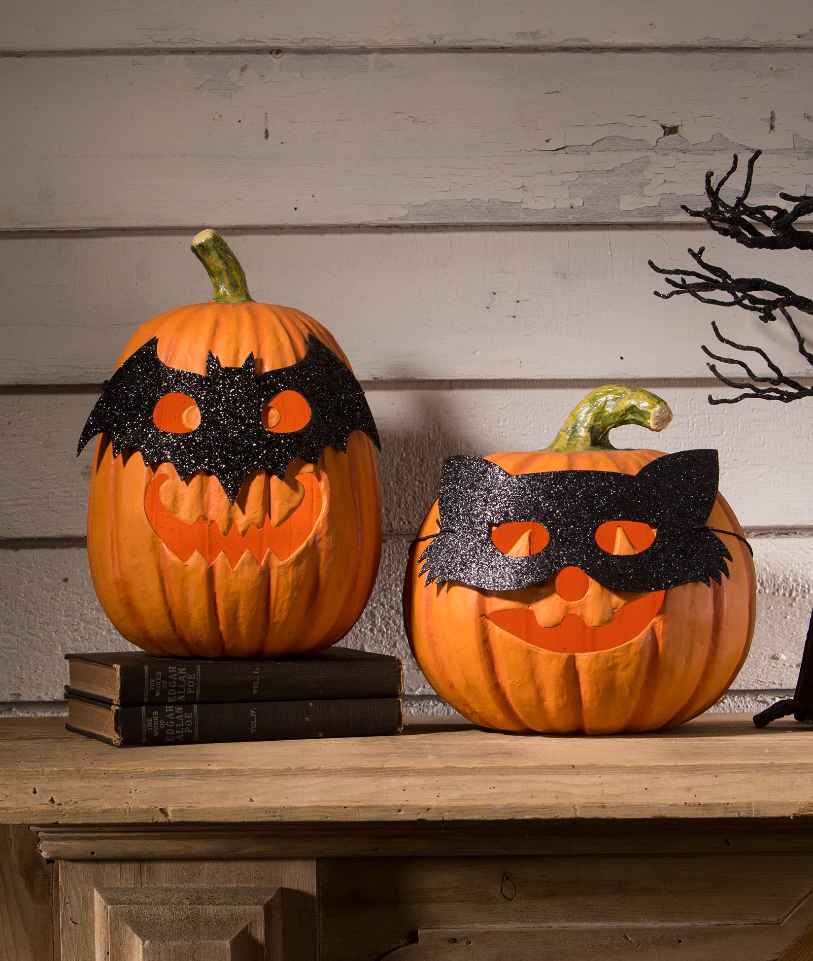 Bethany Lowe 2024 Halloween Decorations - Bat & Cat Pumpkins made from paper mache