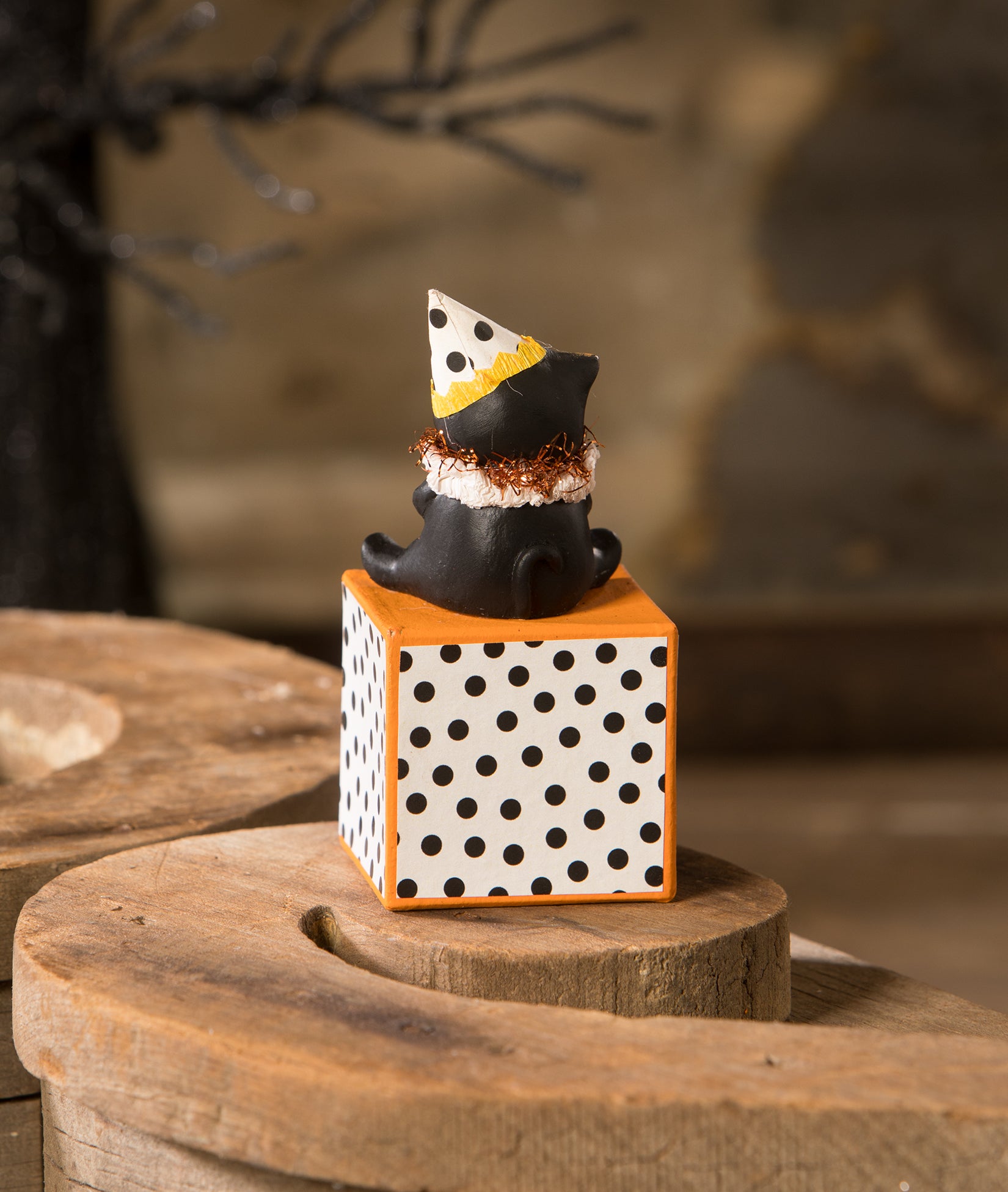 Black Cat on Polka Dot Block - Cute Halloween Figurine