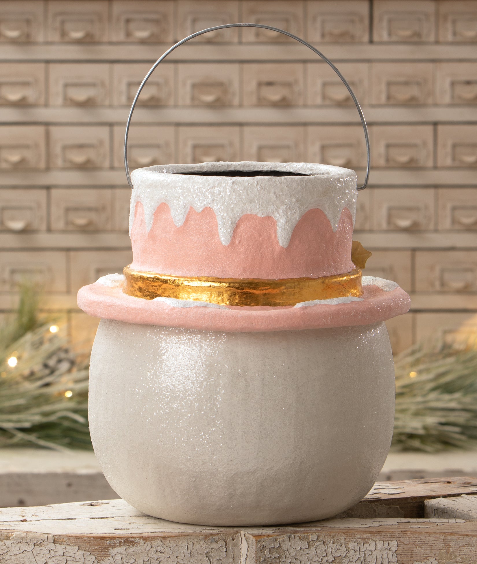 Pastel Holly Hat Snowman Bucket, Large