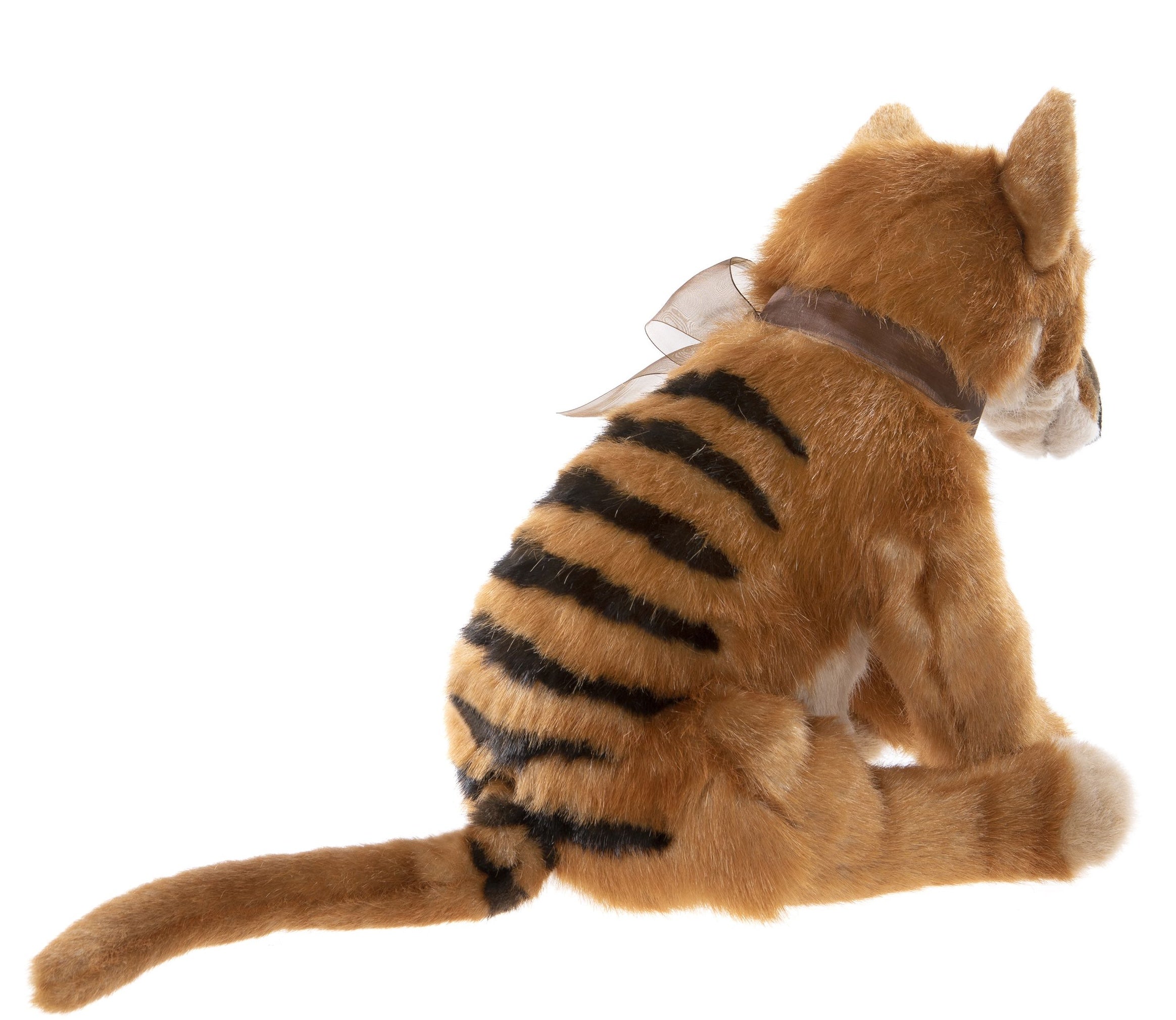 Charlie Bears Pathfinder plush stuffed animal shown backside he has black stripes with auburn fur and a long tail