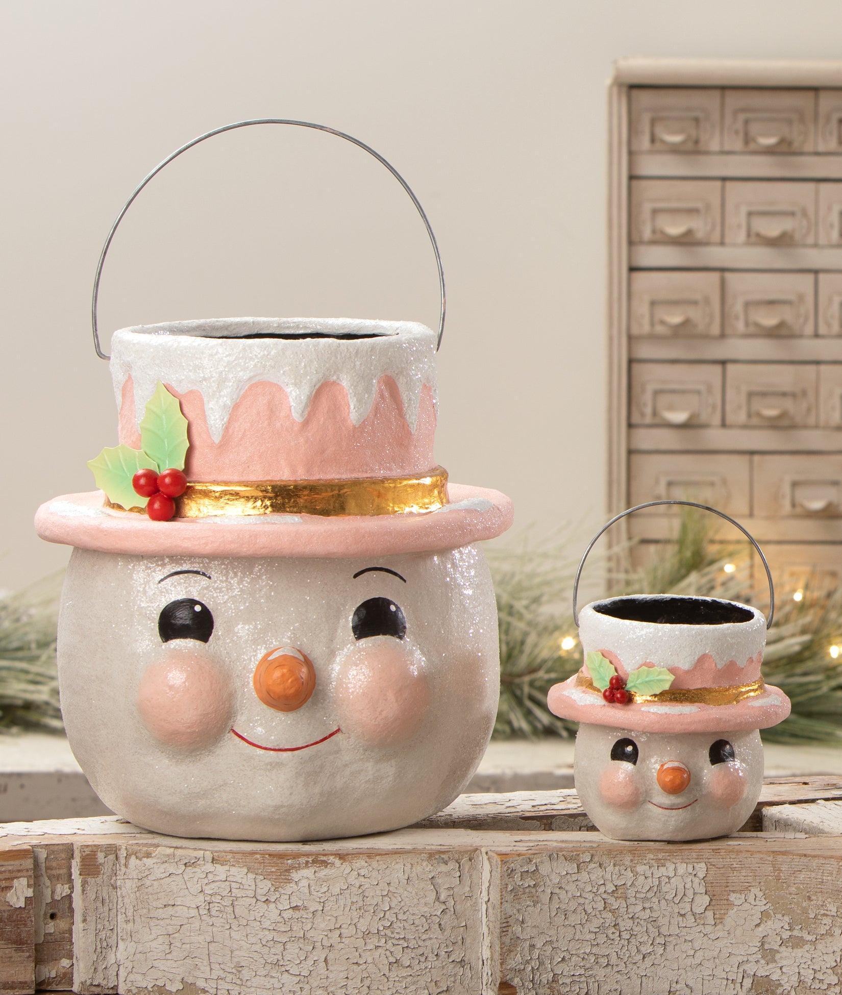 Pastel Holly Hat Snowman Bucket, Large