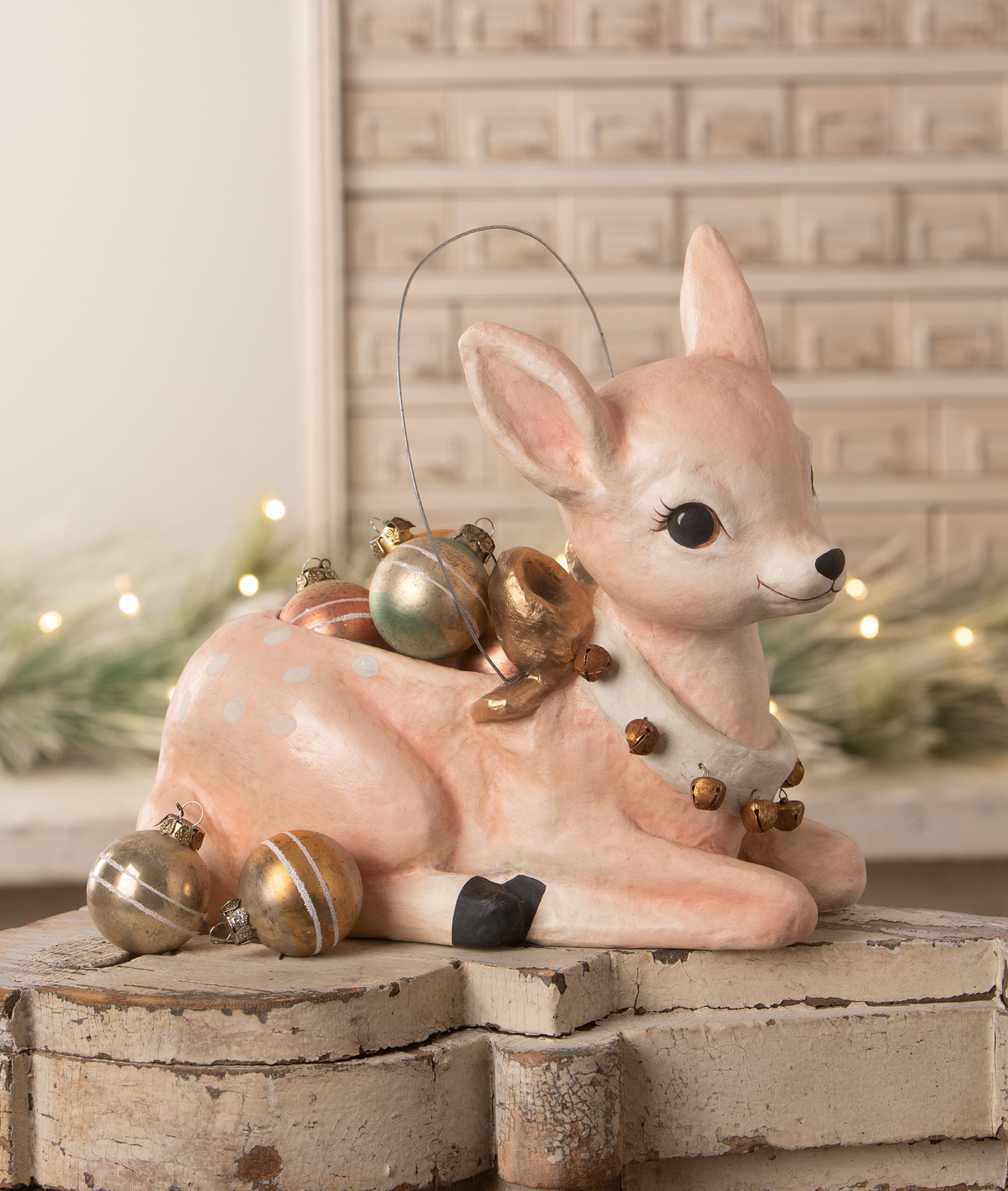 Pink Reindeer Bucket by Bethany Lowe decorated with vintage-style ornaments.