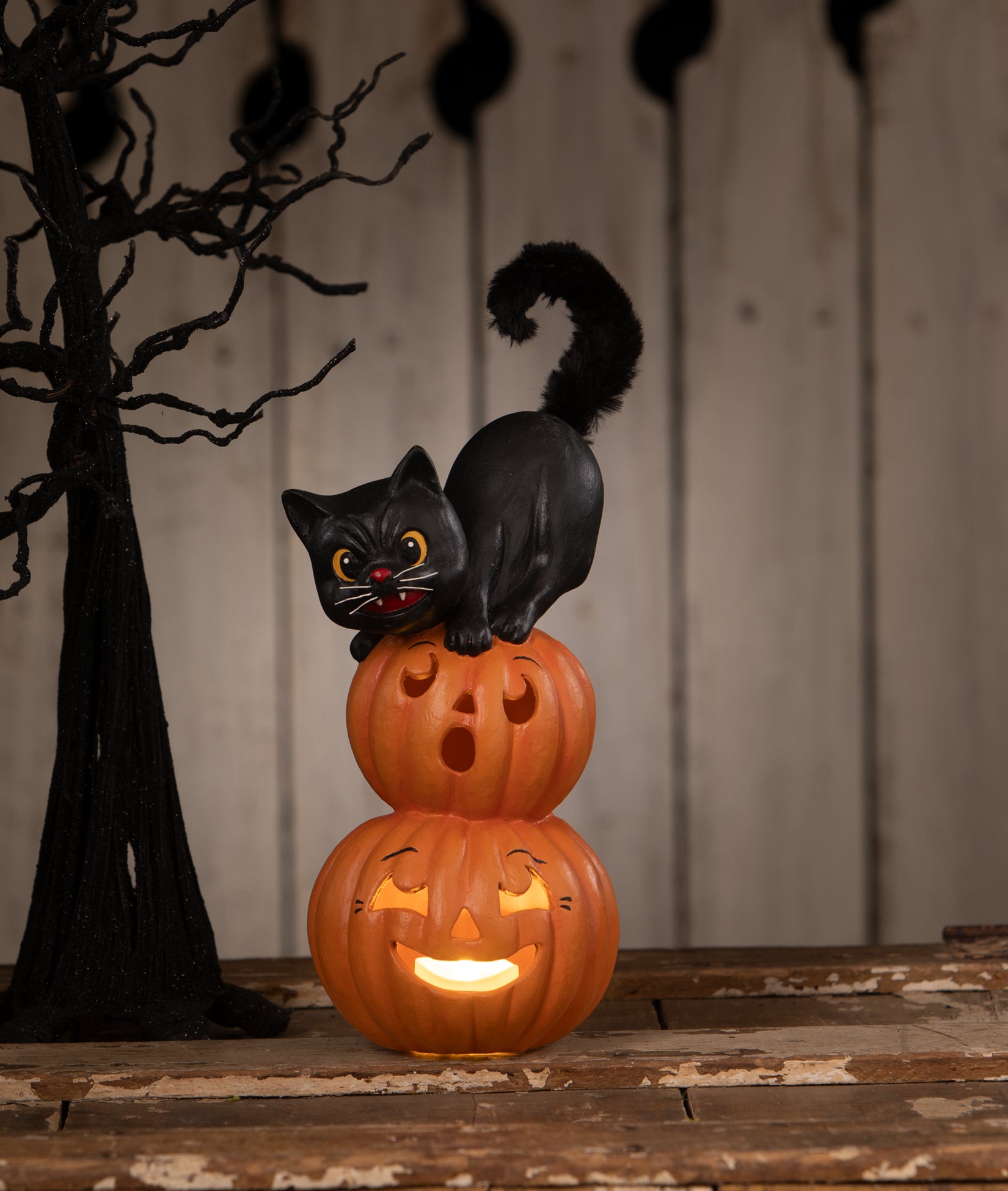 Pumpkin Stack Black Cat shown lit up. From the Bethany Lowe Halloween Decorations Collection.