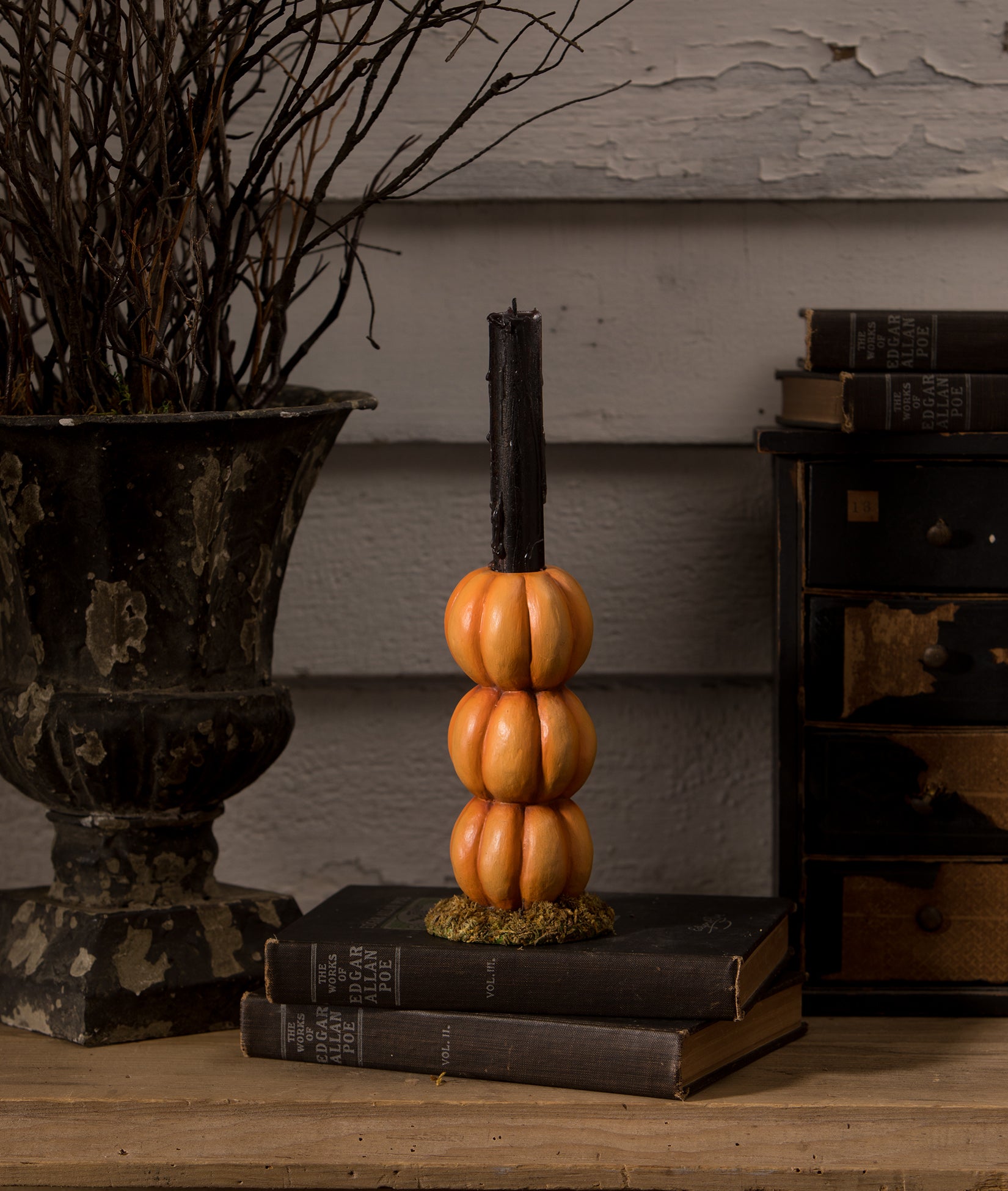 Pumpkin Stack Candlestick Holder with Jack-O-Lantern Faces - Backside