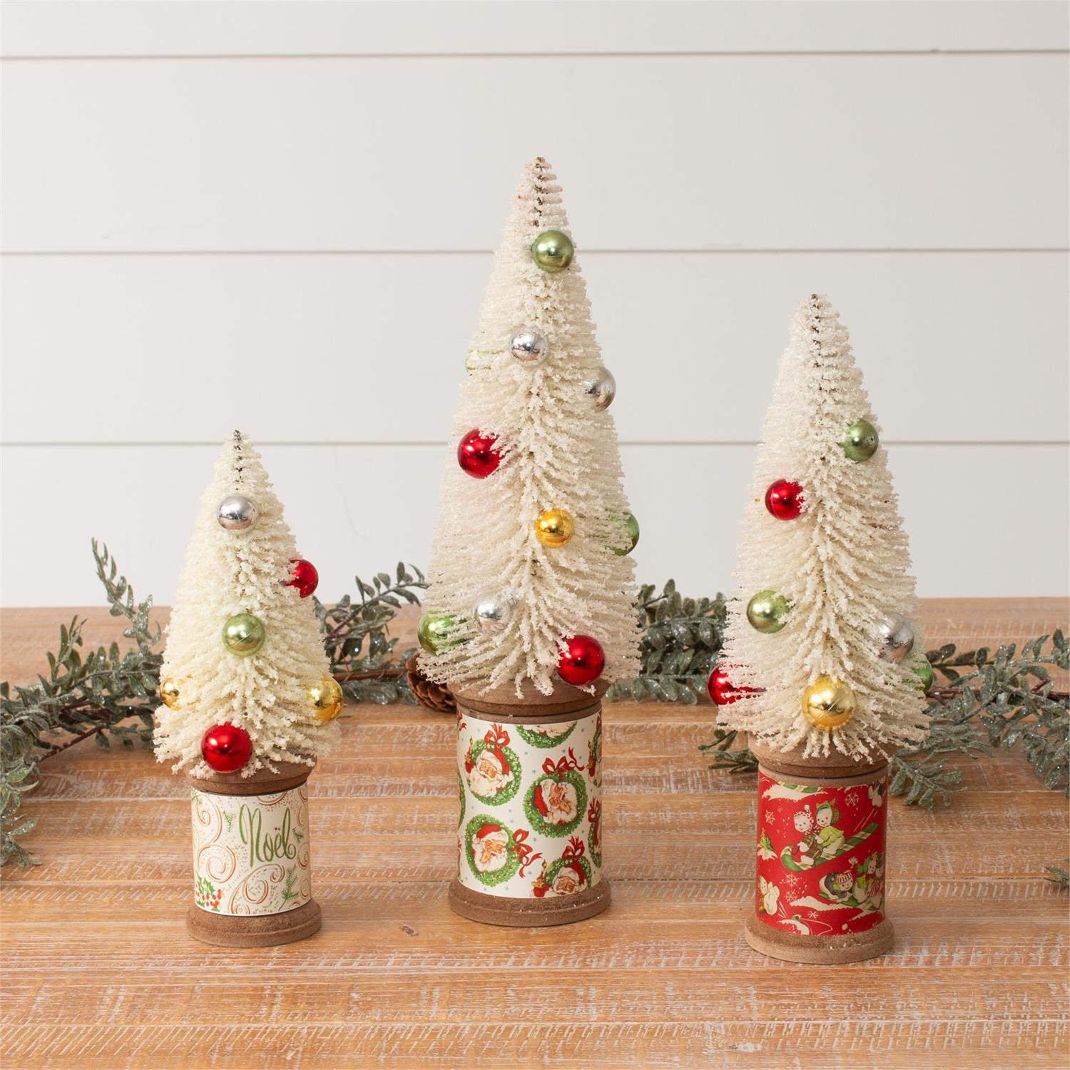 Retro Christmas Bottle Brush Trees on Spools with vintage-inspired wrapping paper