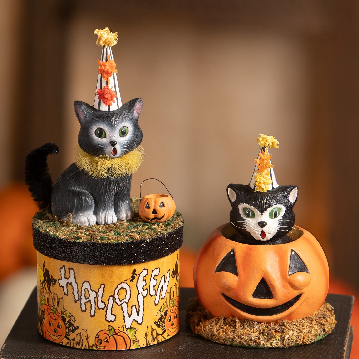 Pair of Retro Halloween Cats - Cecil on Box and Cecil in a Pumpkin both wearing party hats