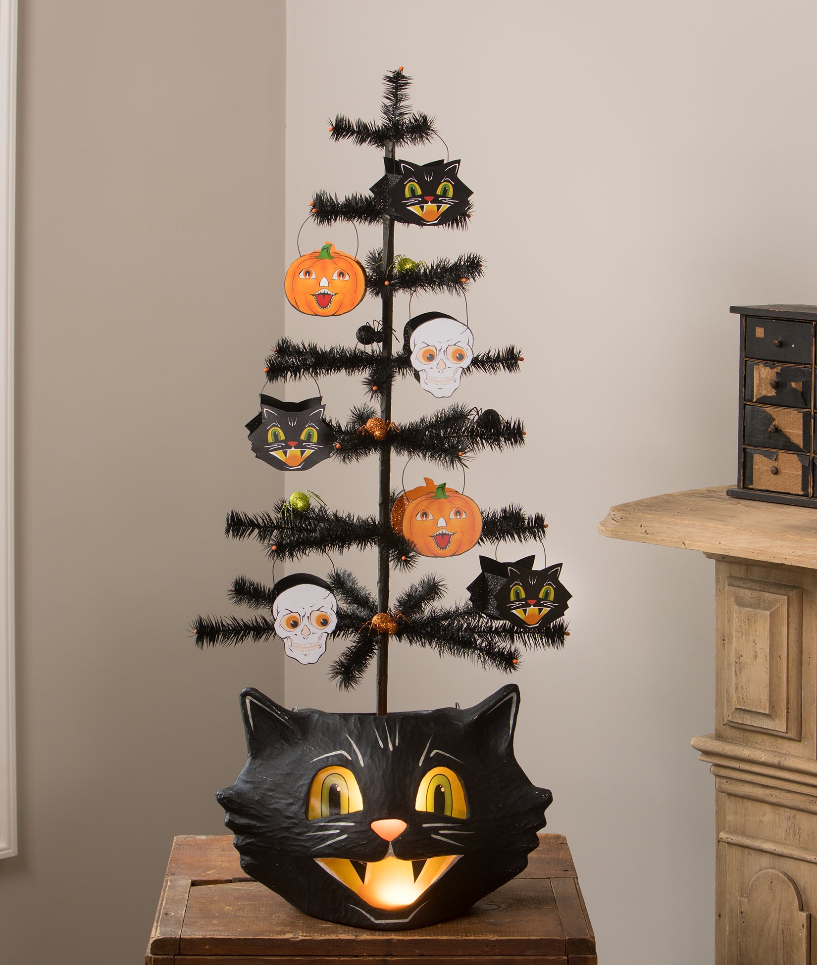 Retro Halloween Decorating Ideas-Cool Cat Bucket with decorated Halloween Tree