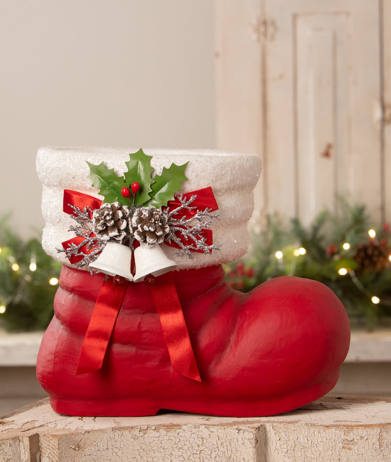 Red Santa Boot with Retro Christmas Decorations made from paper mache.