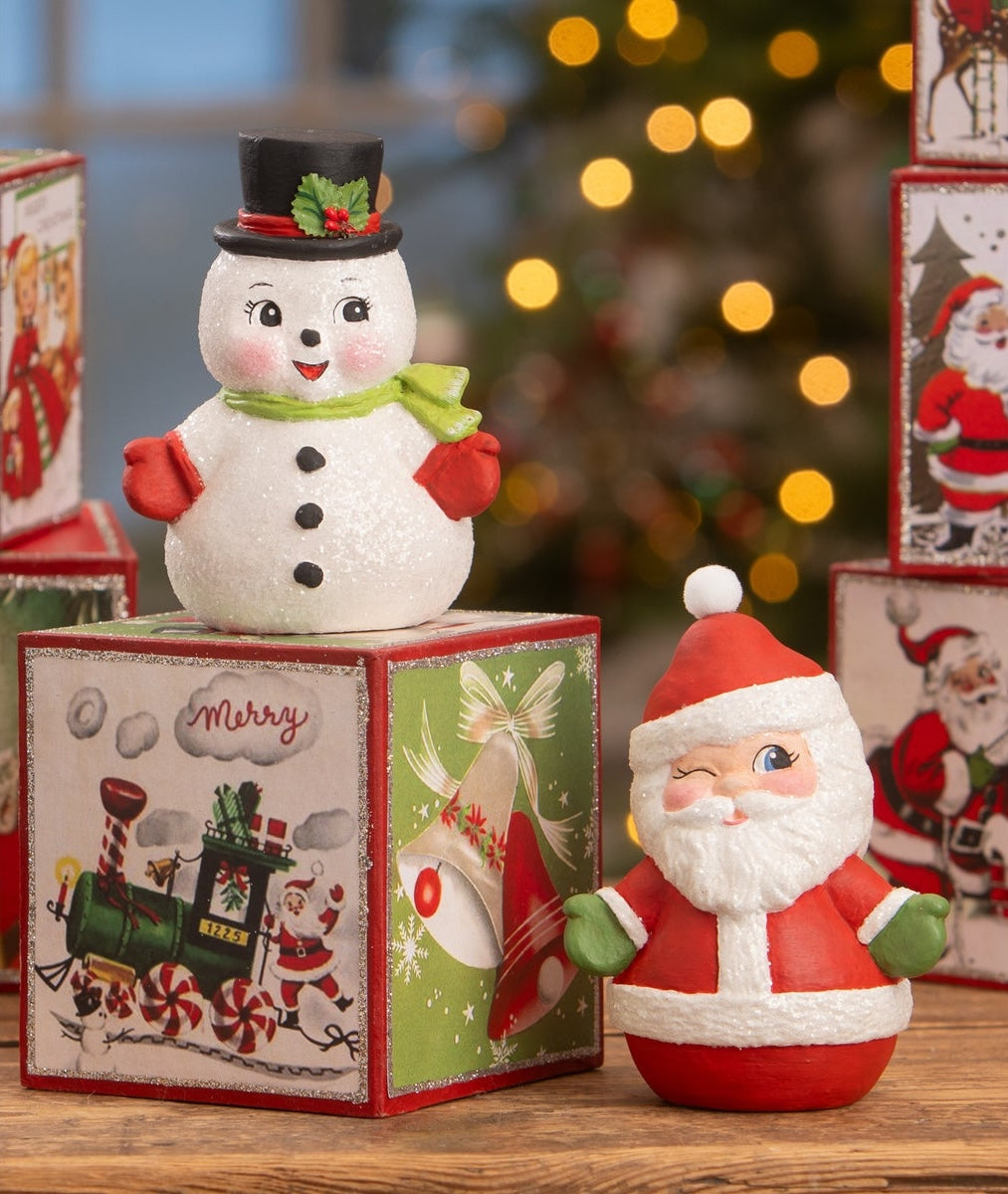 Retro Christmas Decorations - Little Snowman and Santa Claus shown with vintage Christmas blocks