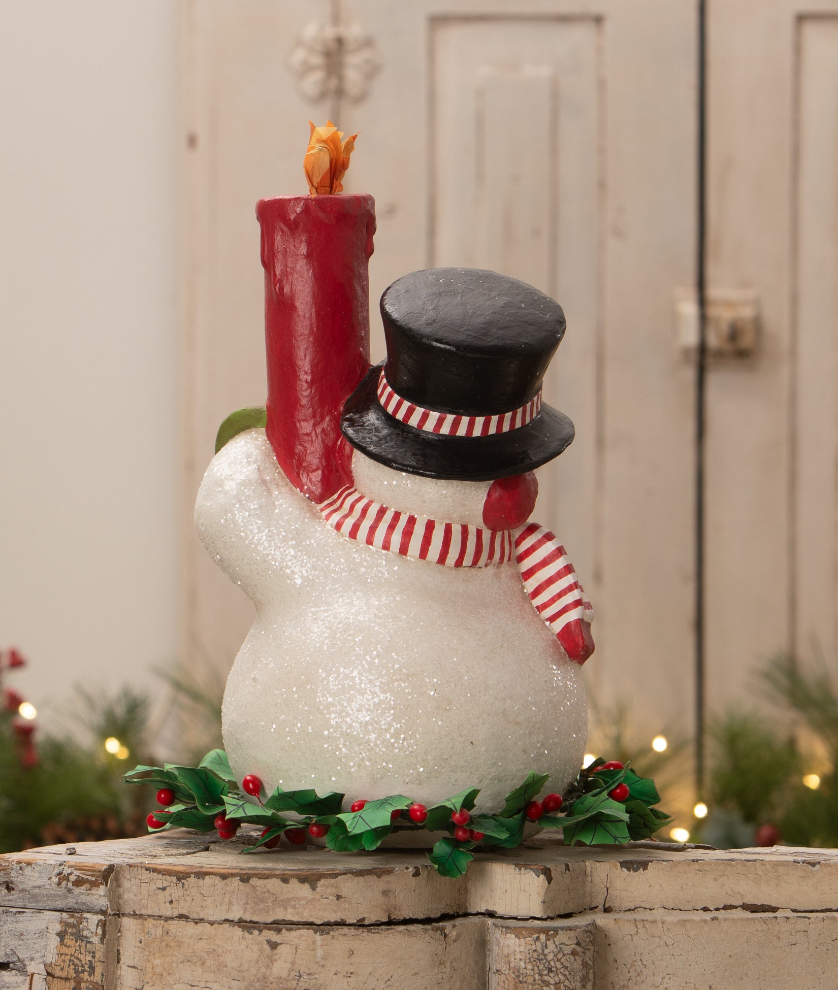 Retro Snowman Figurine with Big Red Candle