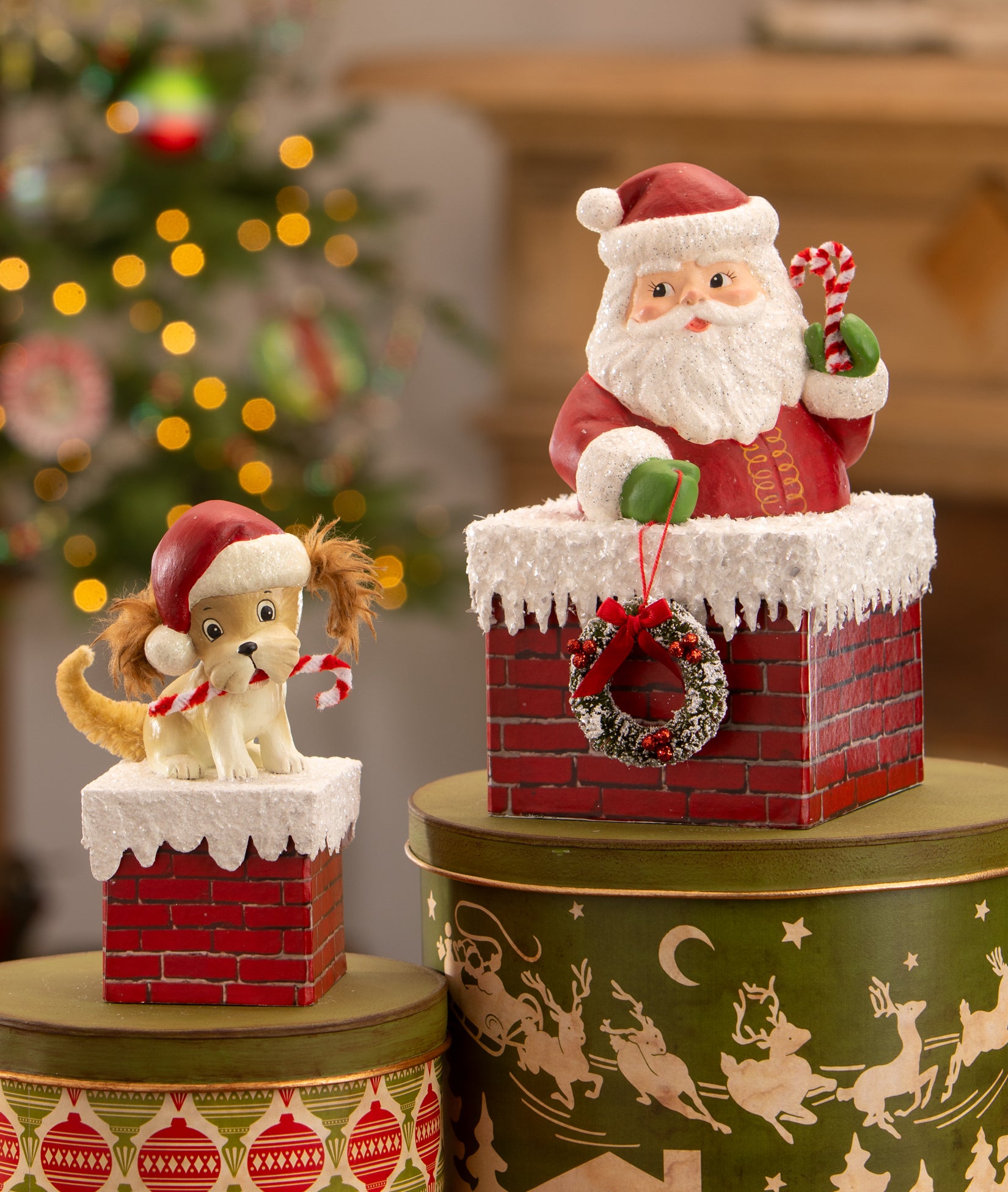 Santa Claus and Puppy Dog Chimney Boxes shown with retro Christmas decorations