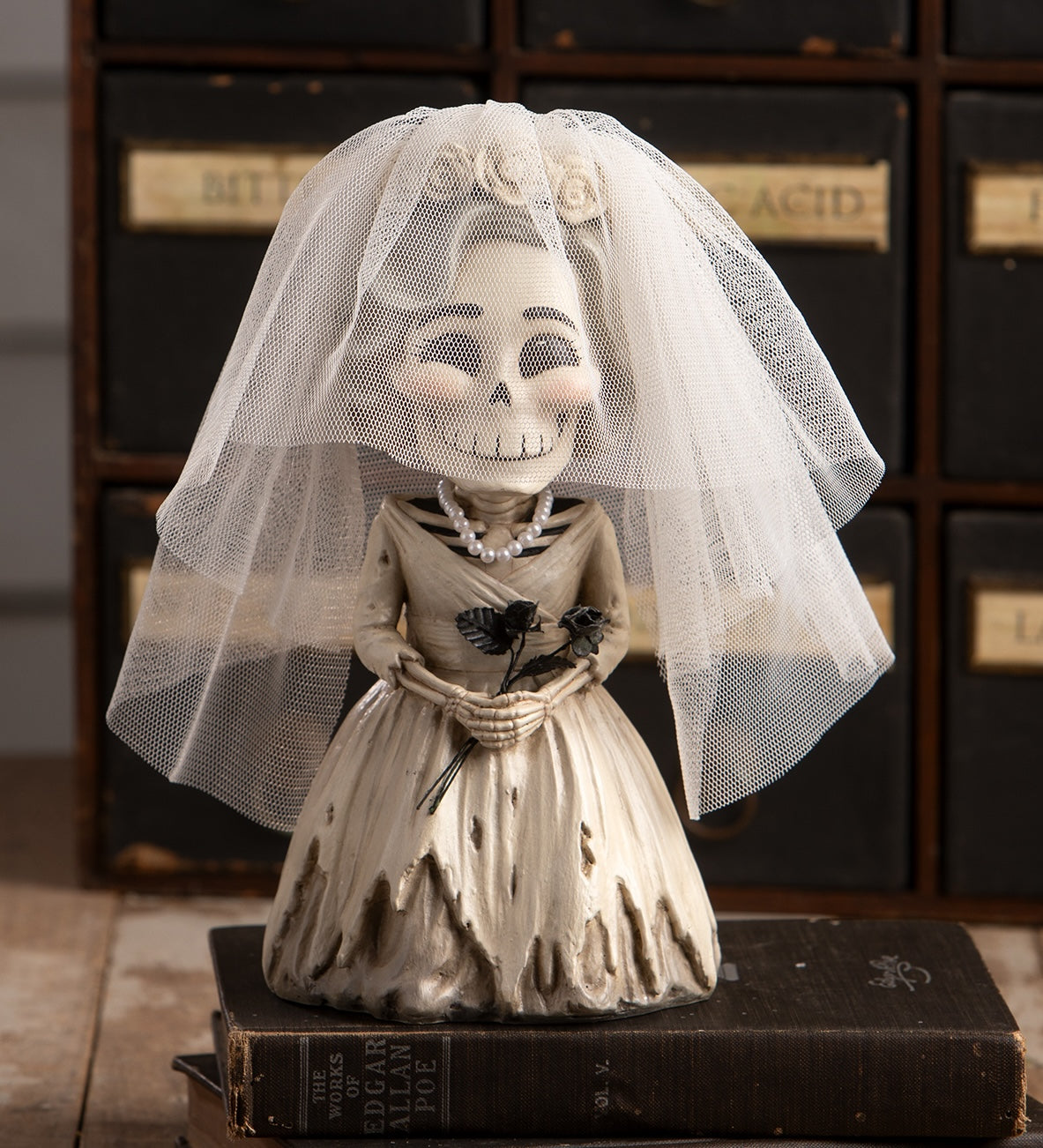Bride Evangeline Skelly, skeleton bride figurine with veil. Halloween wedding decorations. Bethany Lowe 2026.