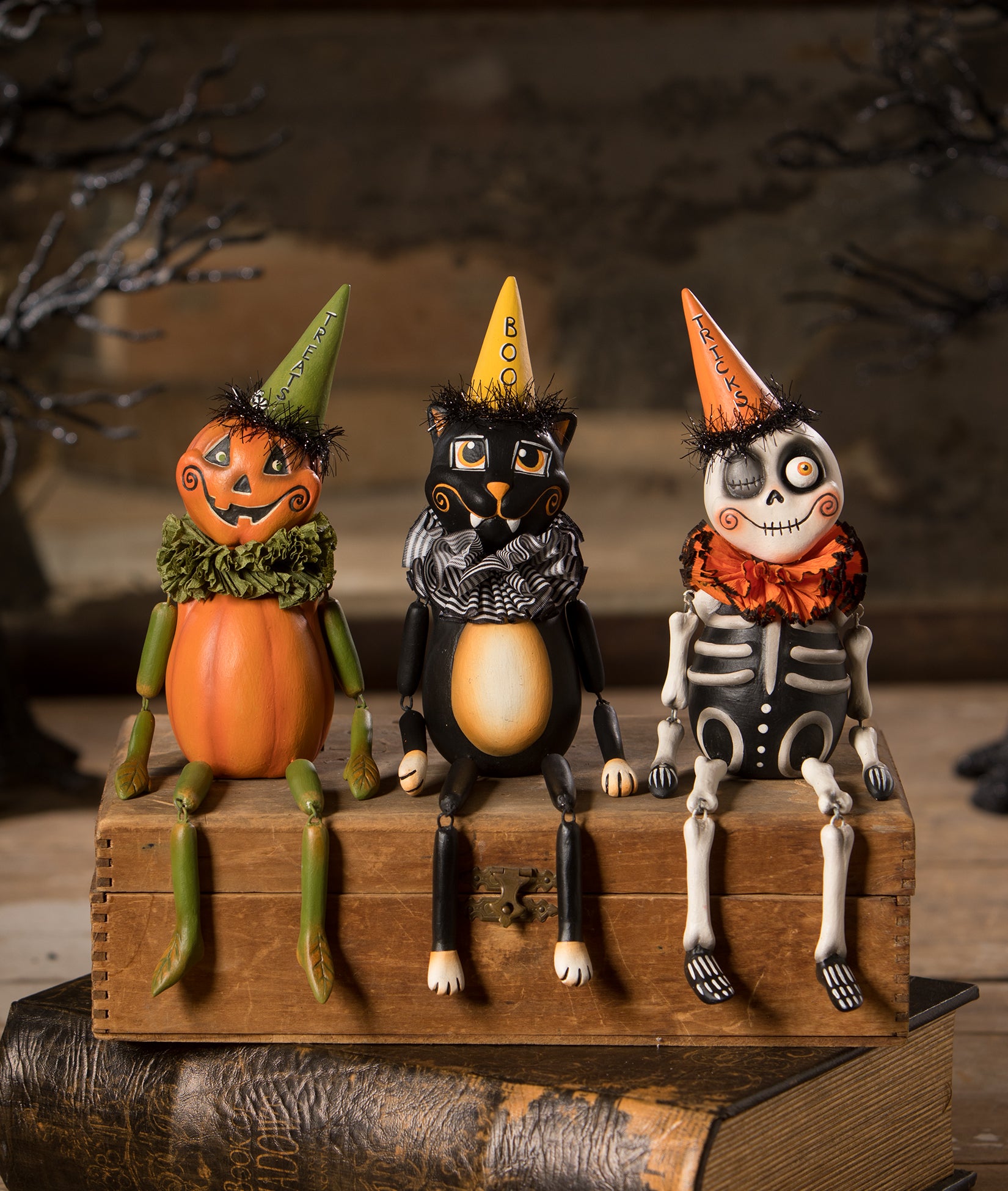 Cute Halloween Shelf Sitters; Tricks Skeelton, Treats Pumpkin & Boo Cat by Leeann Kress for Bethany Lowe