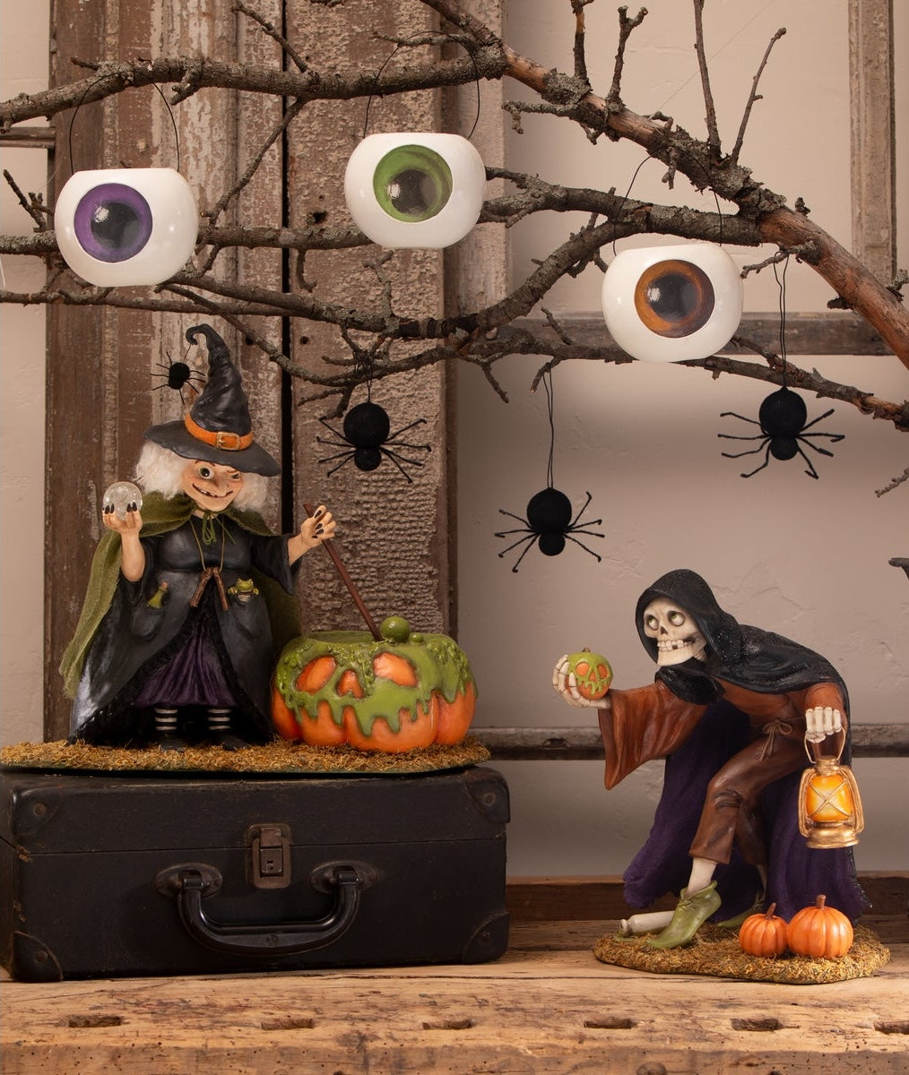 Unique Halloween Decorations by Bethany Lowe including eyeball buckets, Igor Skeleton figurine and Poison Brewing Pruella