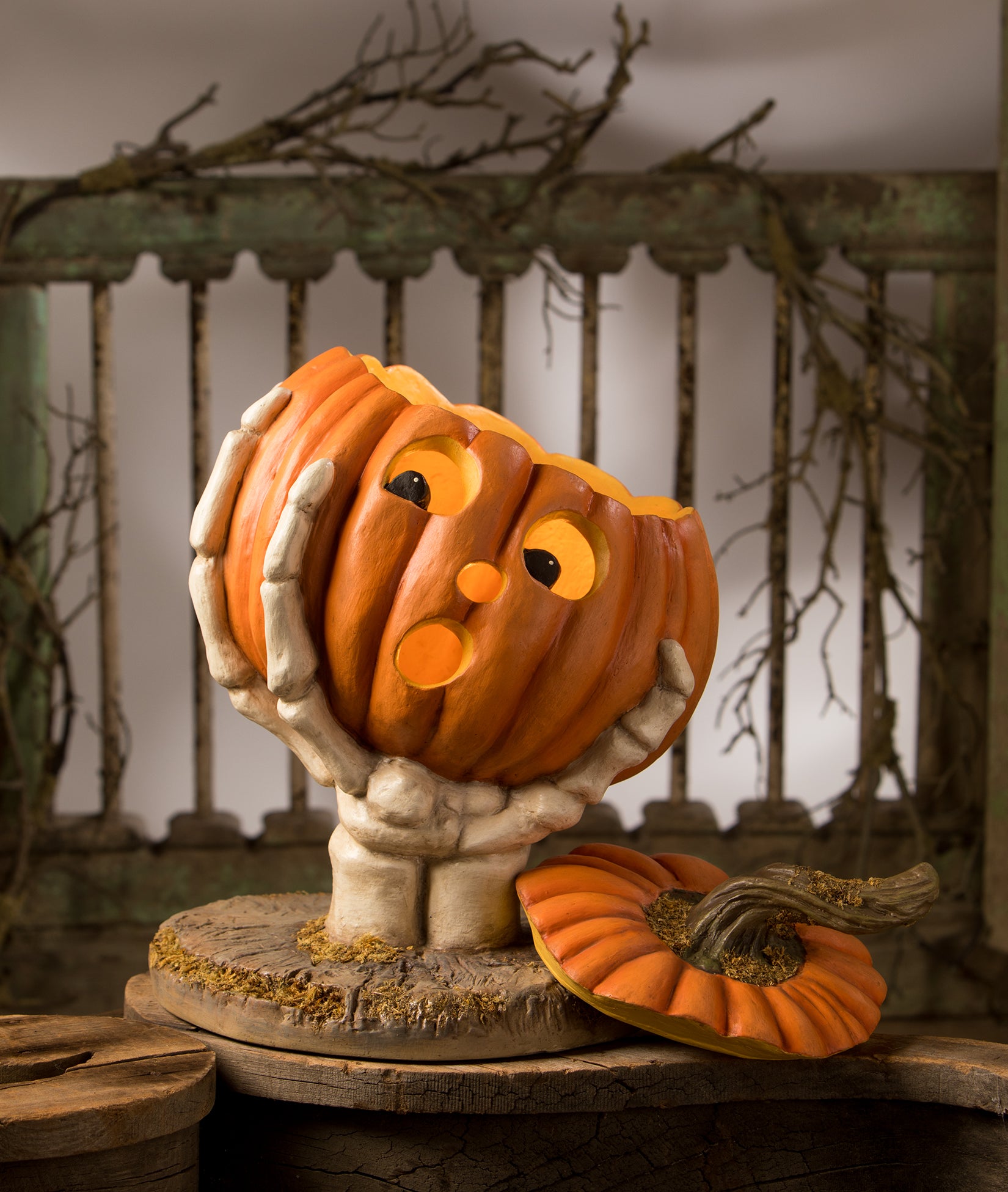 Ut-Oh Gotcha Pumpkin in Skeelton Hand by Bethany Lowe