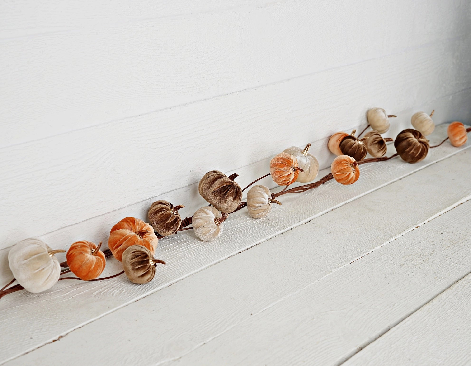 Velvet Pumpkin Garland with soft cream, orange, and brown pumpkins