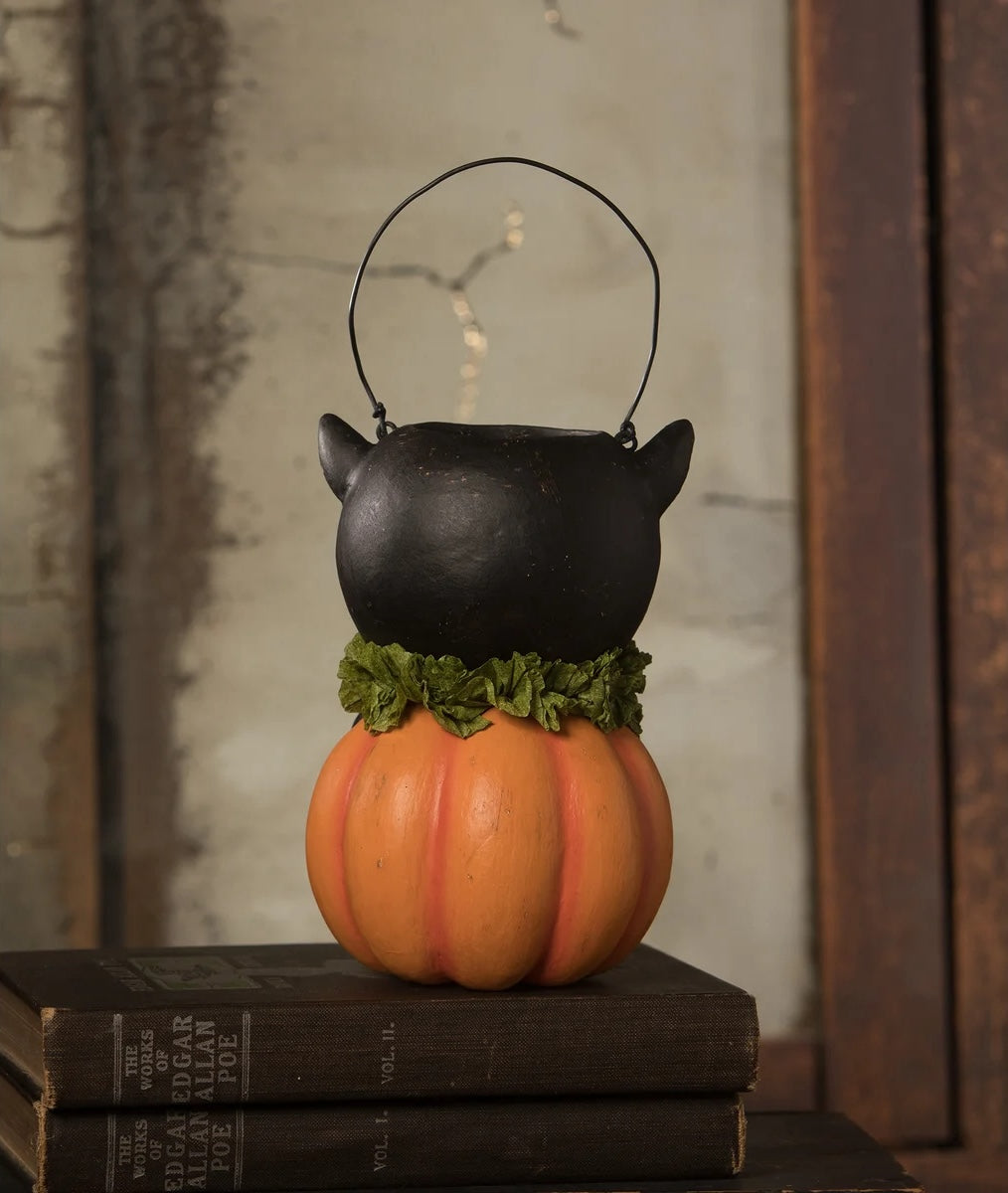Bethany Lowe Vintage Black Cat in Pumpkin Bucket
