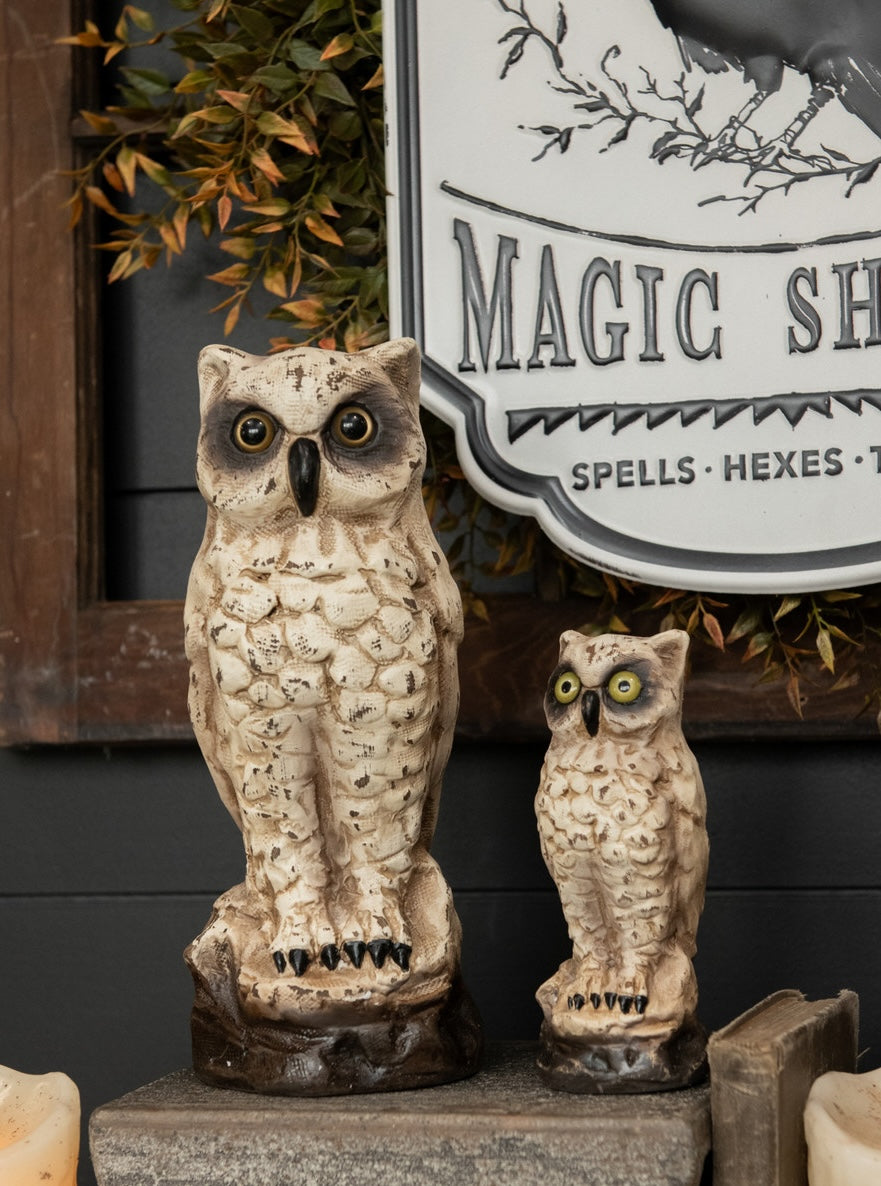 Vintage Style White Owls with Halloween Decorations