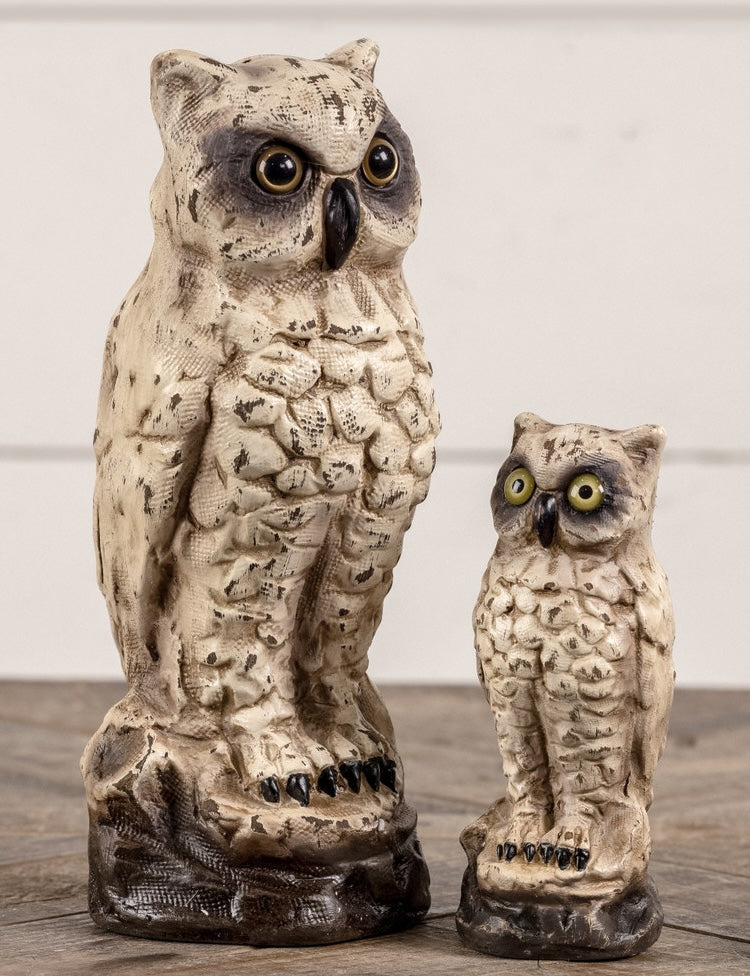 Vintage Style White Owl Figurines shown in large and smalll