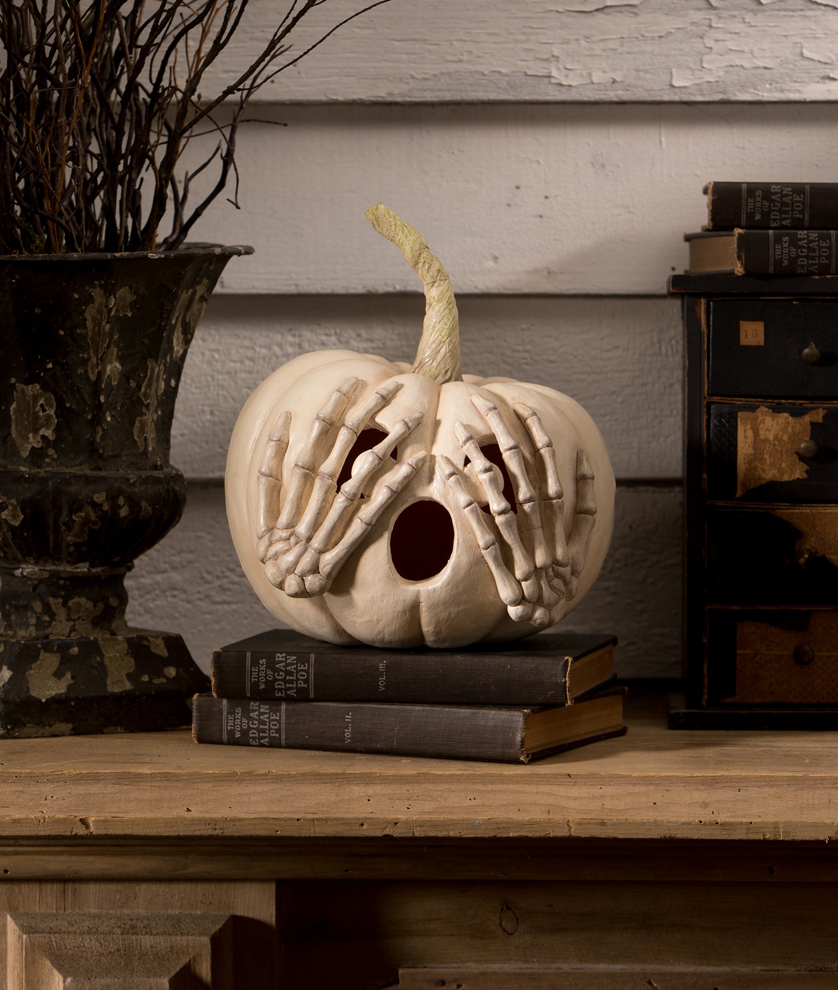 White Jack-O-Lantern with Skeleton Hands by Bethany Lowe
