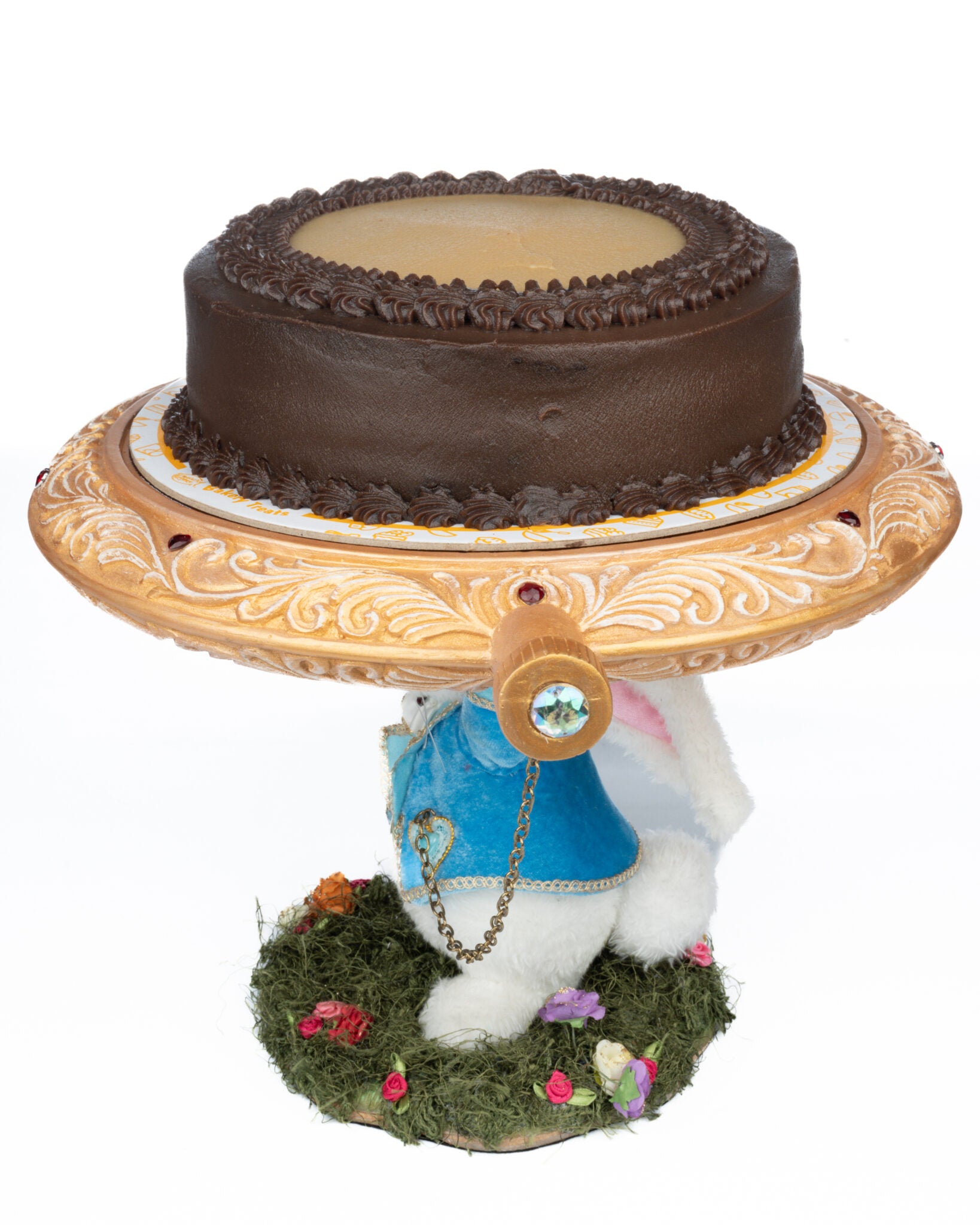 White Rabbit Pocket Watch Cake Plate by Katherine's Collection shown with cake