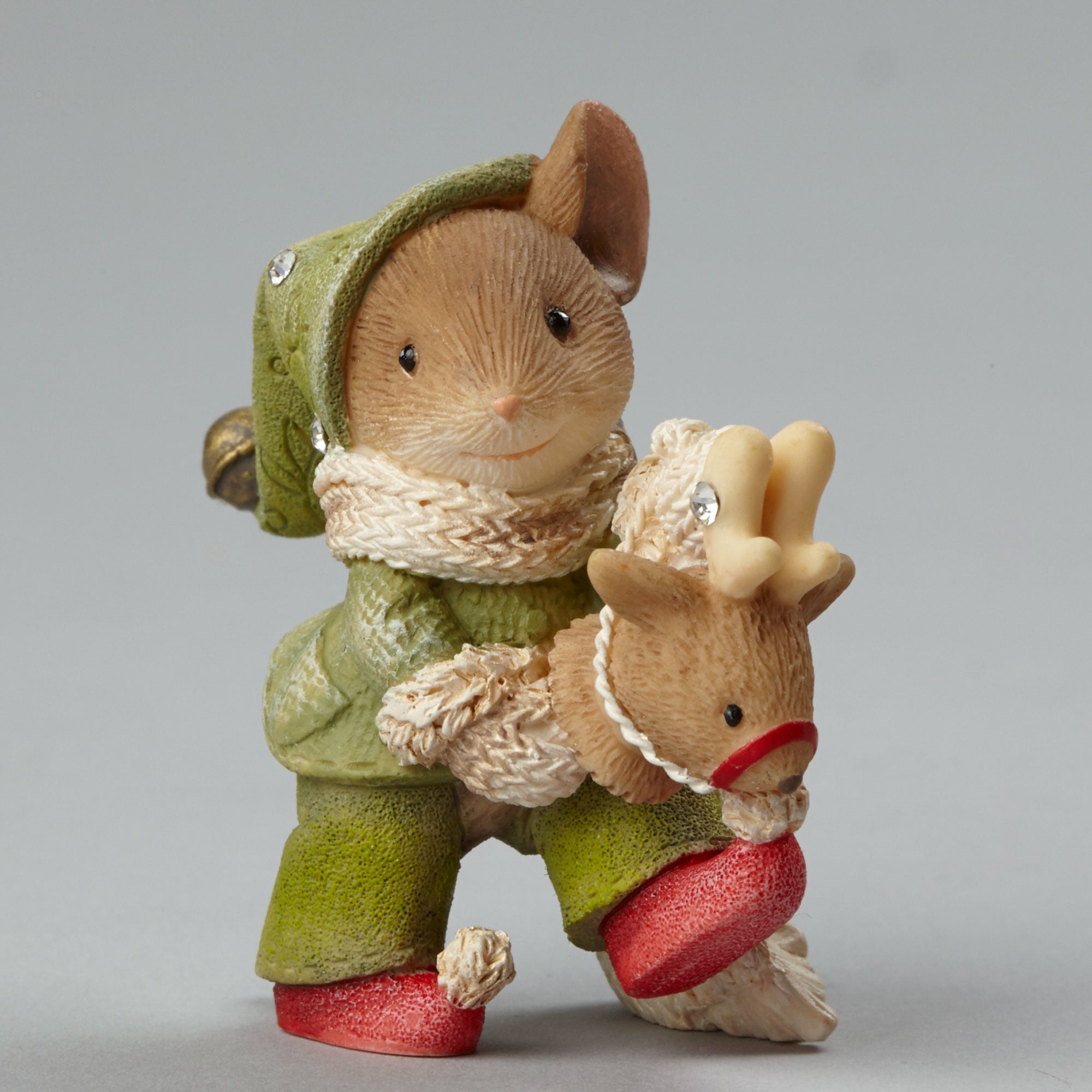 Christmas Mouse Playing with Hobby Horse Figurine