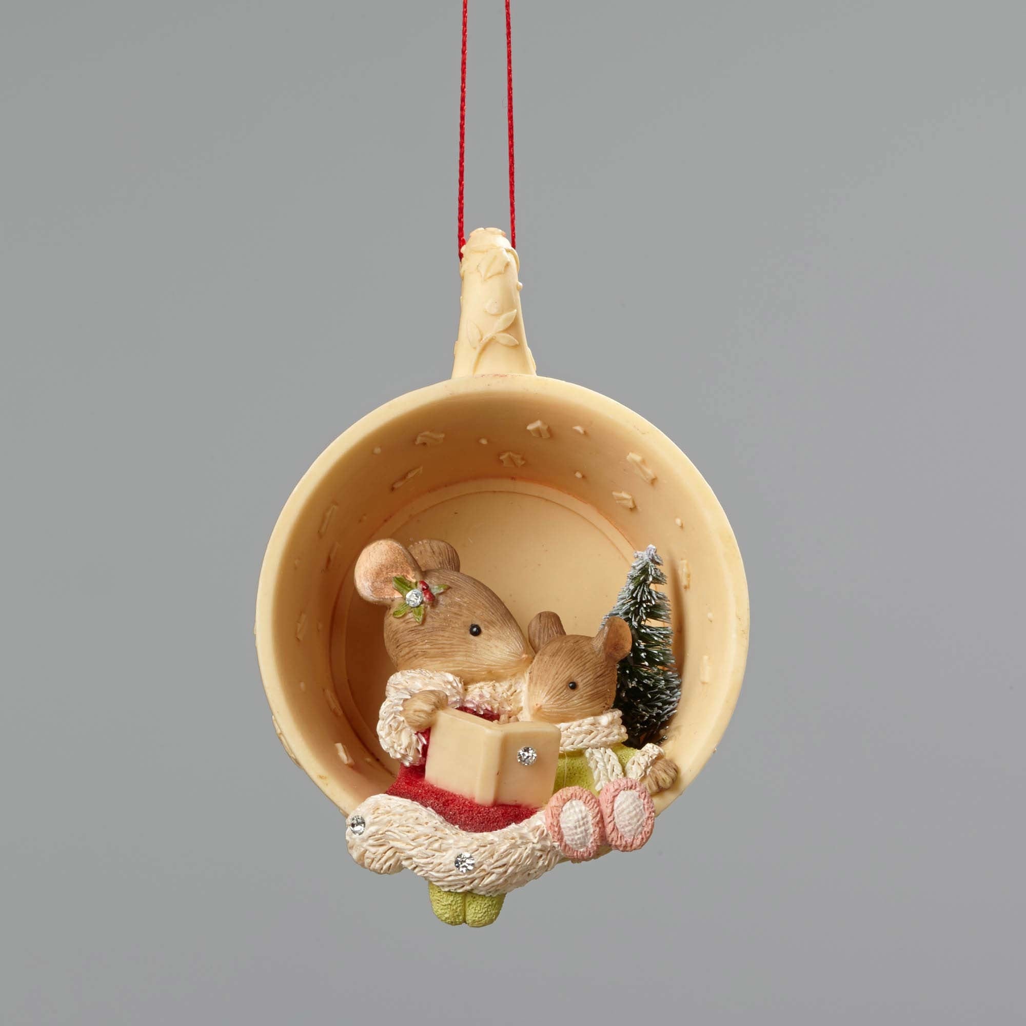 Christmas Mice In Tea Cup Ornament - Front View