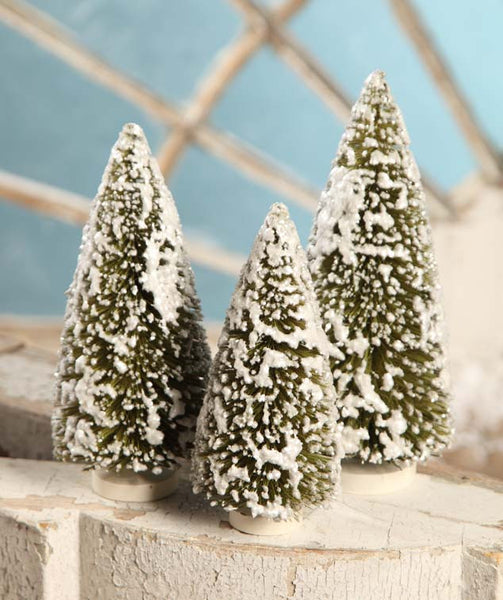 Bethany Traditional Christmas Snow Covered Green Bottle Brush Tree, Set of 3.