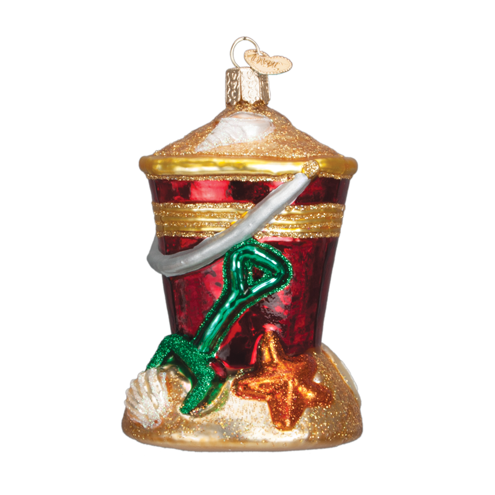 Red Beach Pail Ornament with Shovel & Shells