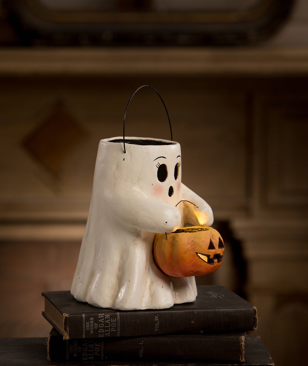 Bethany Lowe Sweet Boo with Pumpkin Bucket, Paper Mache