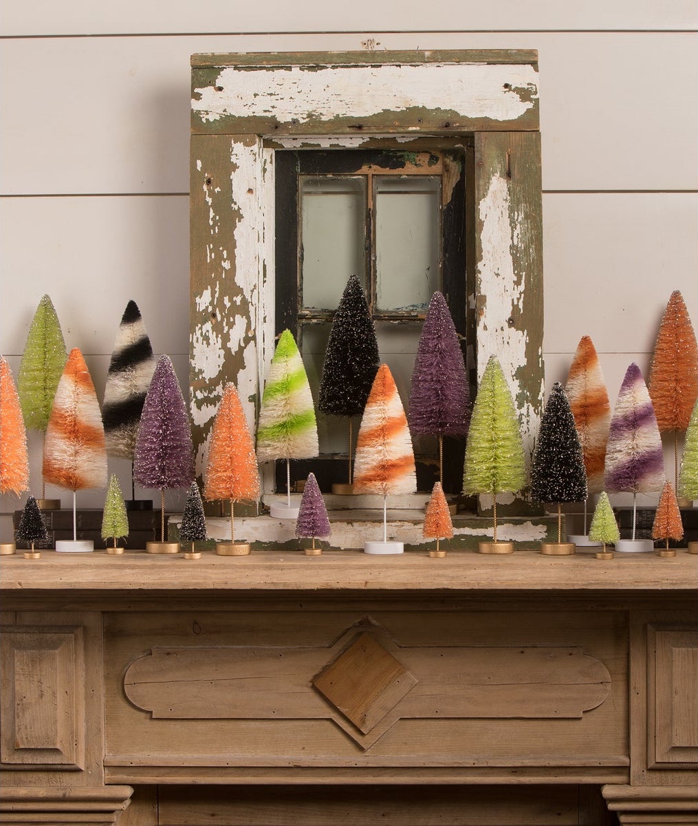 Mantle Decorated for Halloween with Colorful Bottle Brush Trees, Purple, Green, Orange & Black