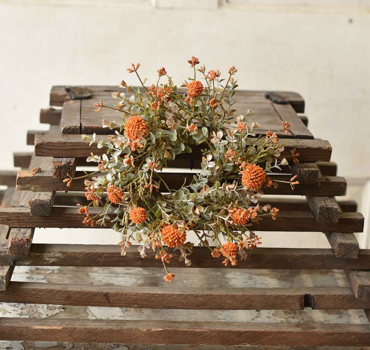 Faux Dried Fall Candle Ring with Orange Flowers