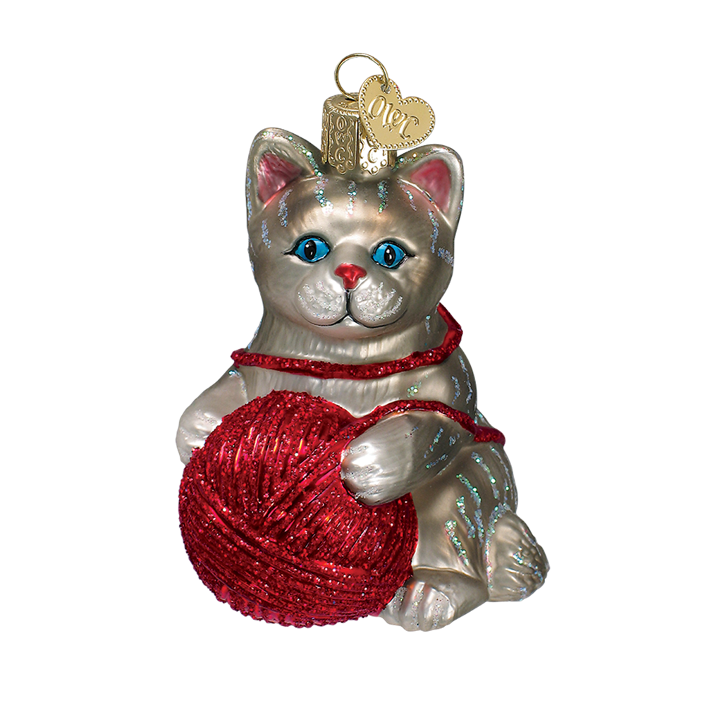 Grey Kitten Ornament with Ball of Yarn