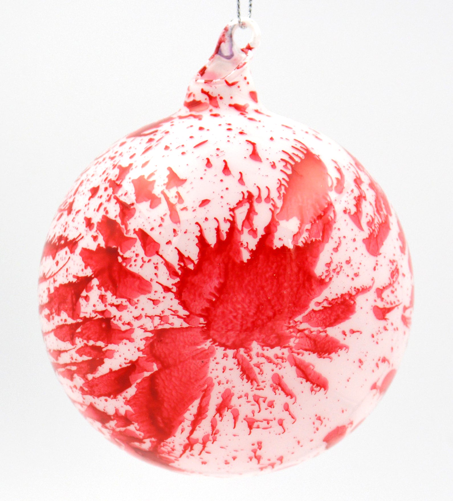 Peppermint Bark Glass Ball ornament with Artistic Splashes of Red and White
