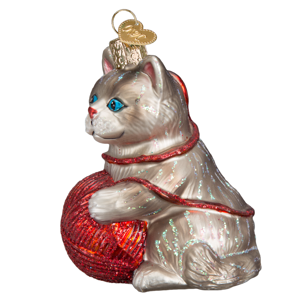 Glass Kitten Ornament with Ball of Yarn