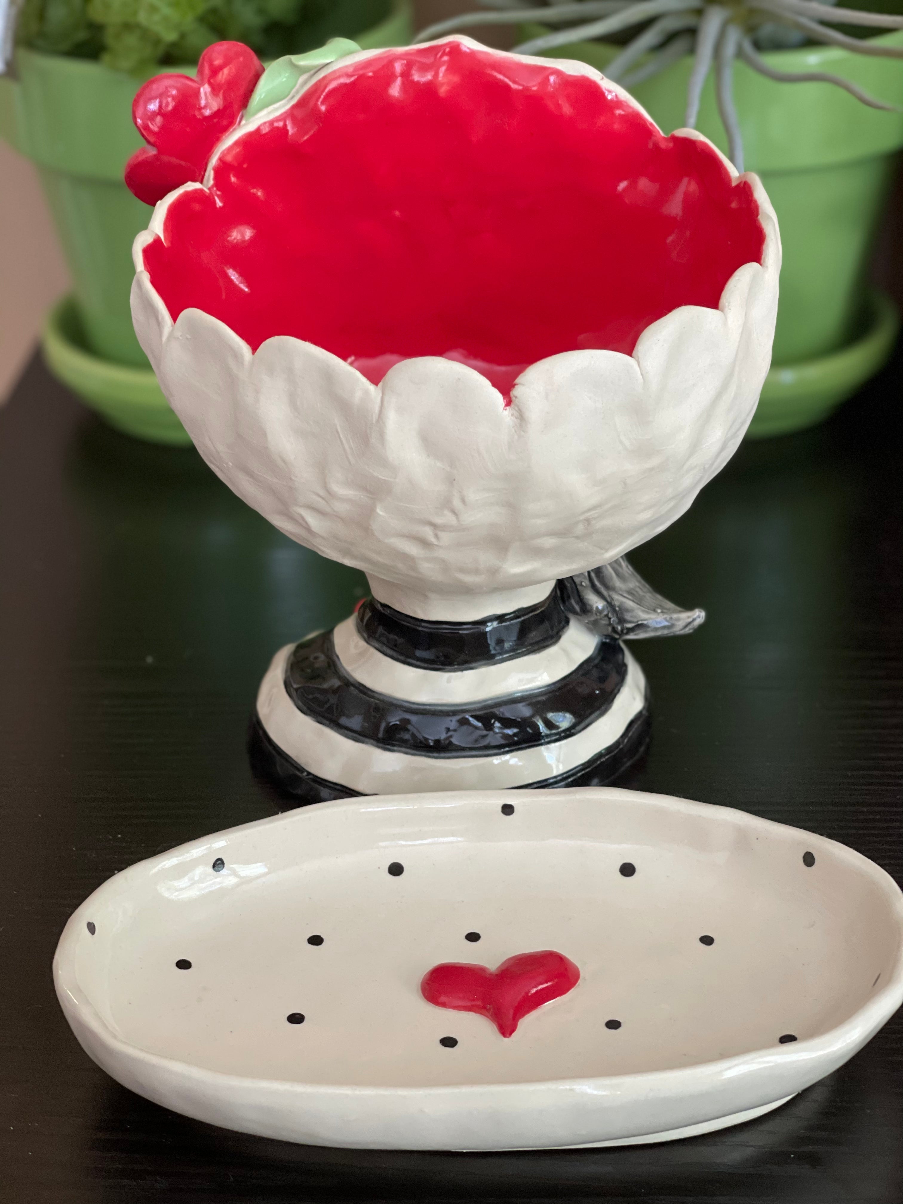 Love Bird Girl Art Pottery Planter with Heart Tray, Backside