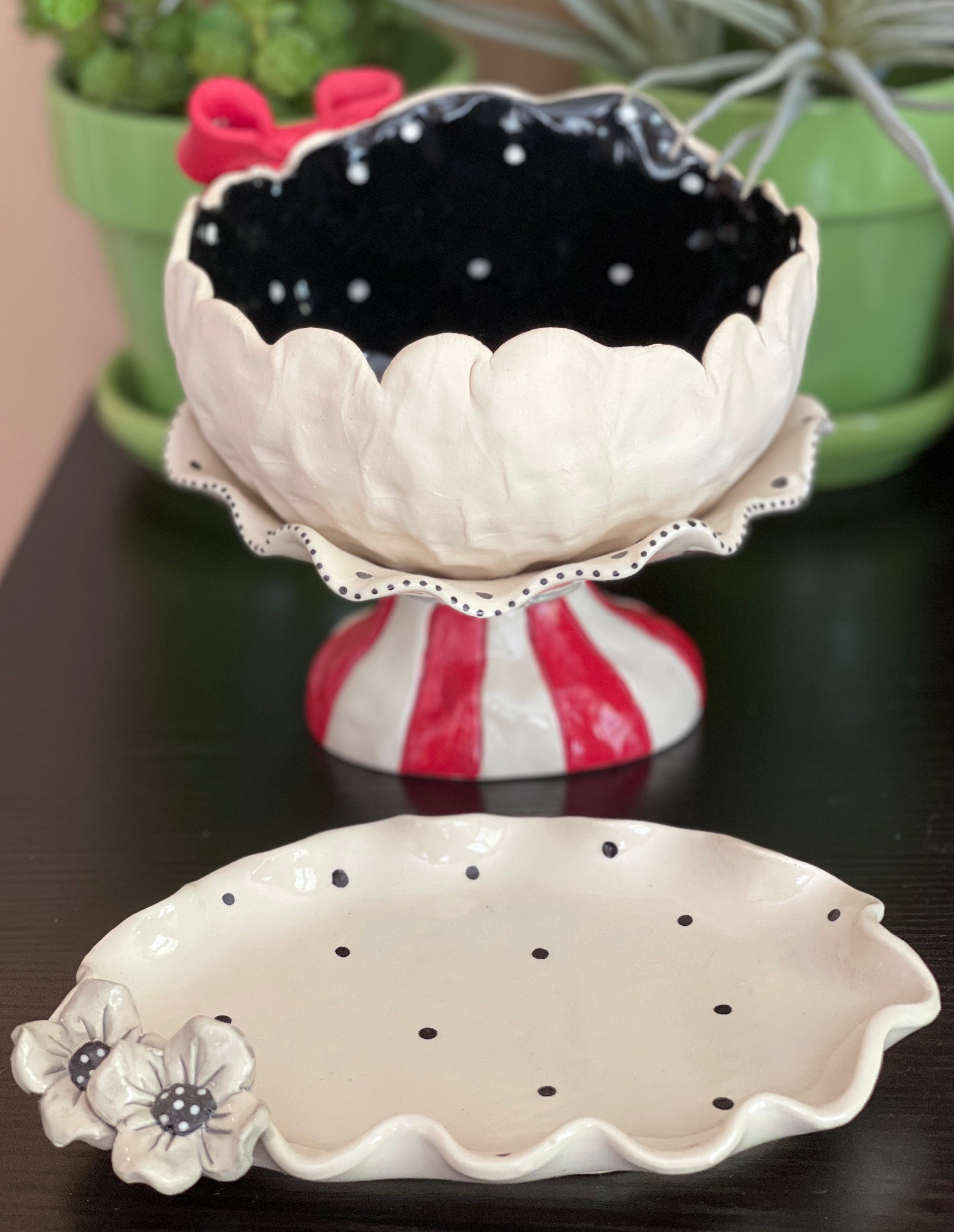 Lady Head Art Pottery Planter with Tray, Red Bow Girl Gift