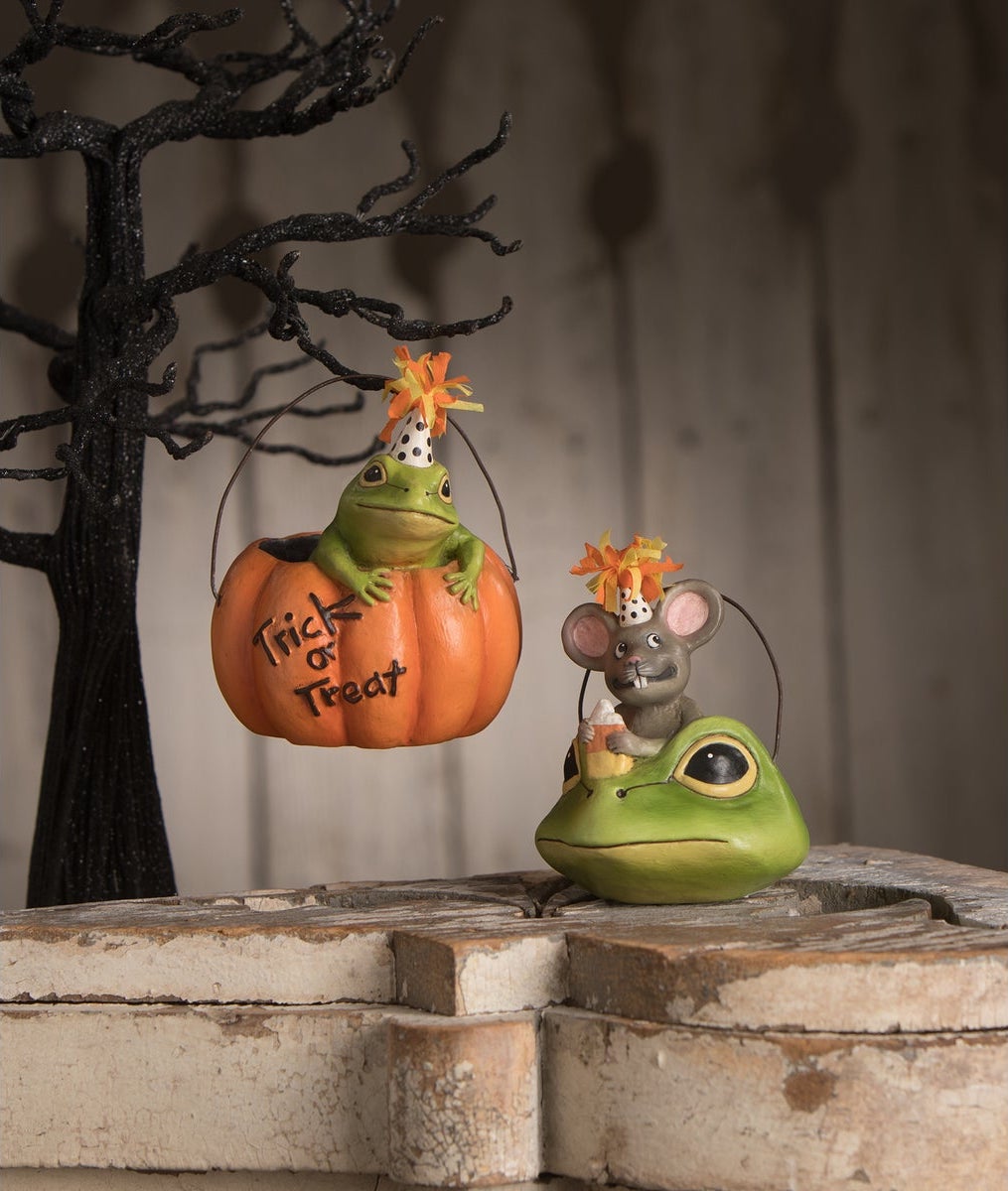 Party Frog in Pumpkin Ornament & Party Mouse in Frog Bucket Ornament