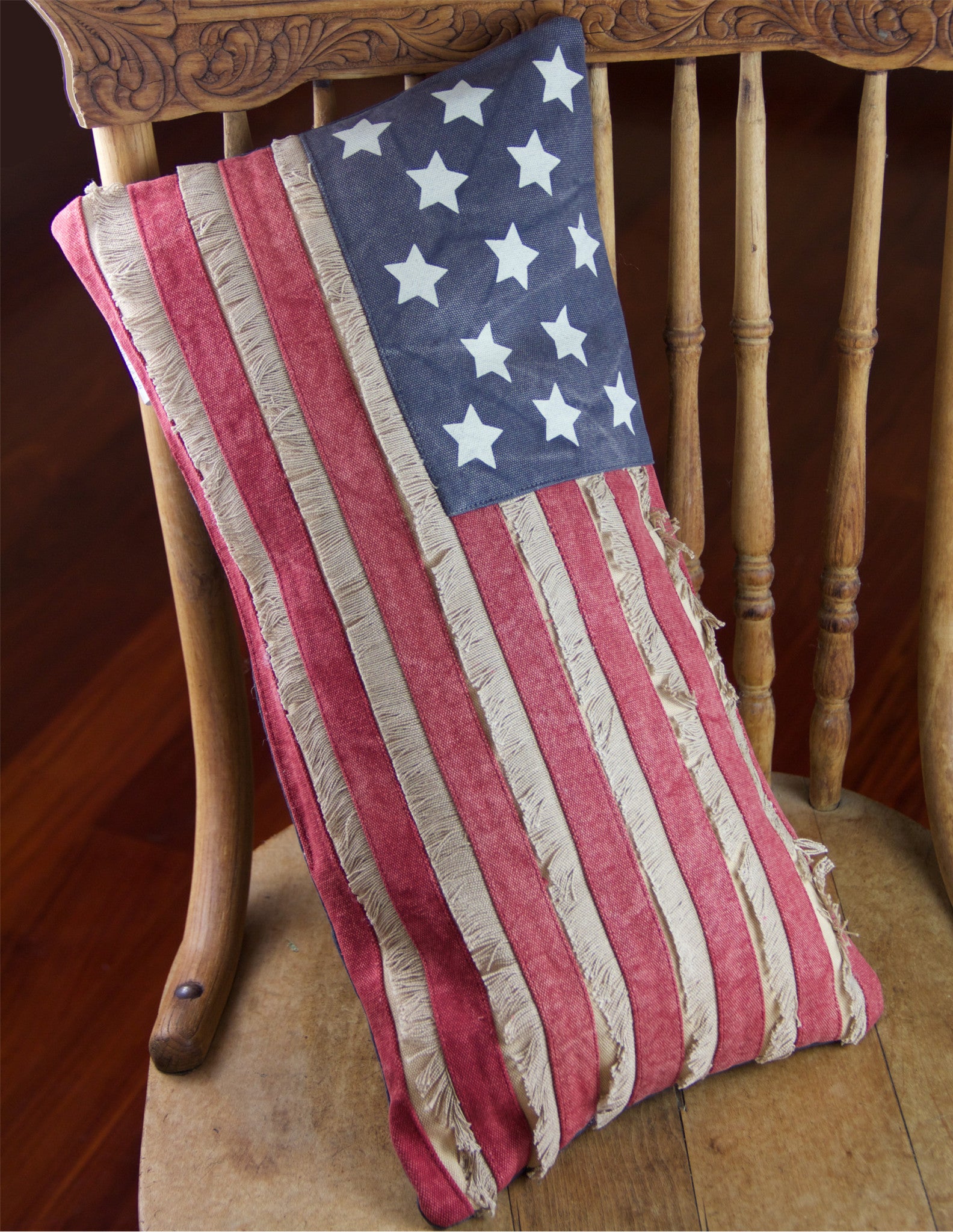 Primitive American Flag Pillow - Denim Stripes with Fringe