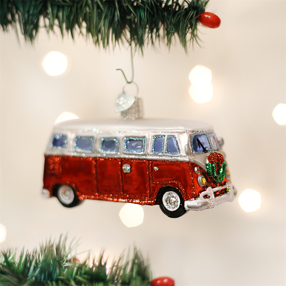 Retro Red Camper Van Glass Ornament with Wreath