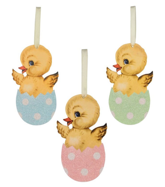 Retro Easter Chicks in Polka Dot Egg Ornaments