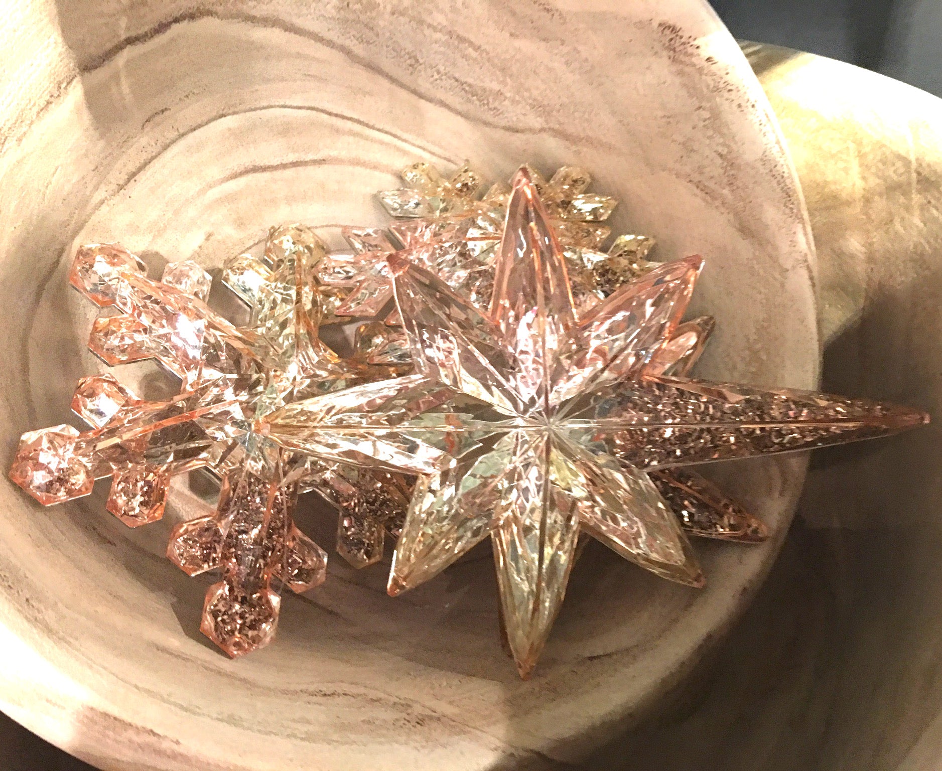 Glitter Filled Rose Gold Snowflake and Star Ornaments & Bowl Fillers