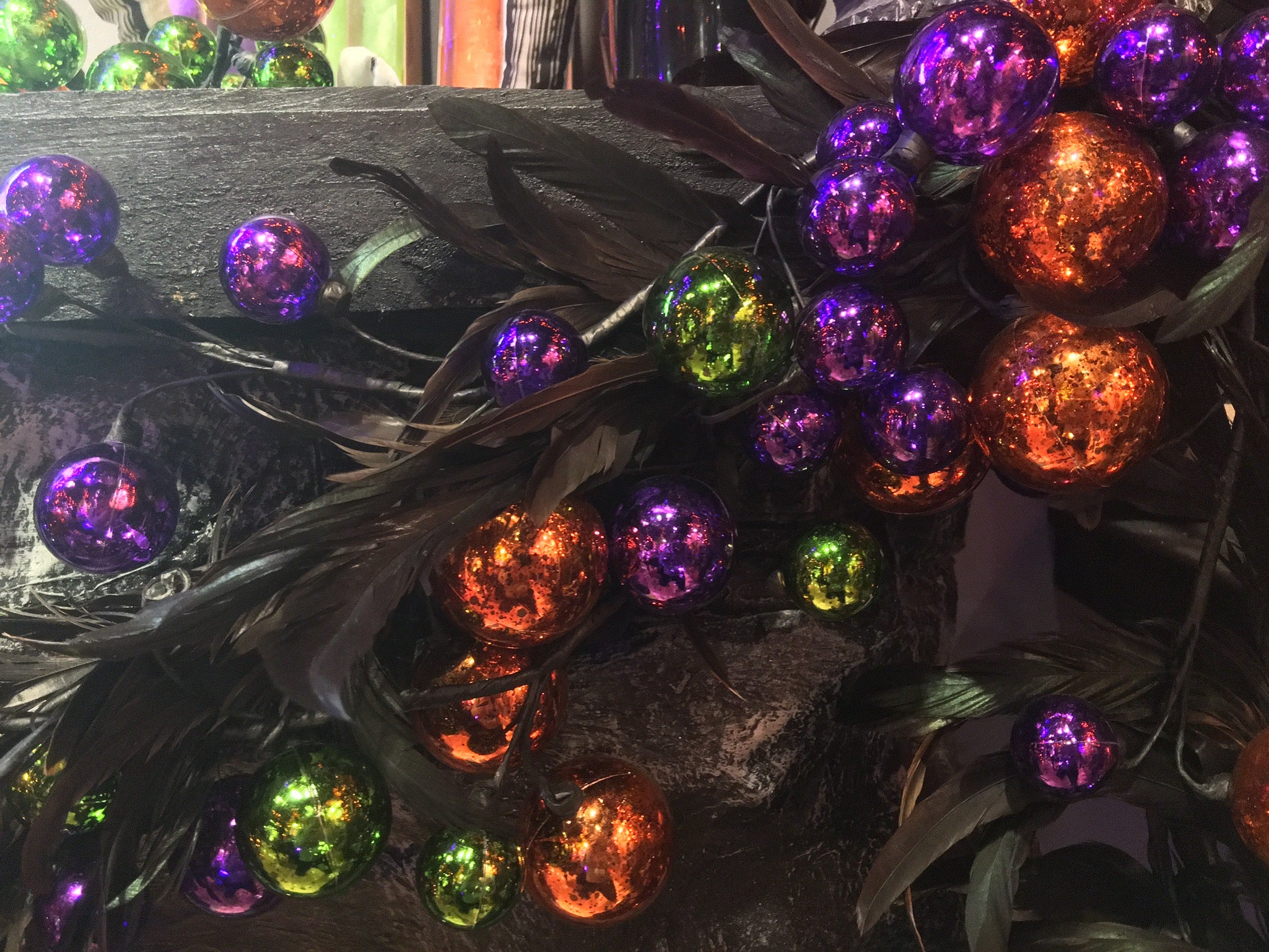 Feather Halloween Garland with Purple, Orange and Green Balls