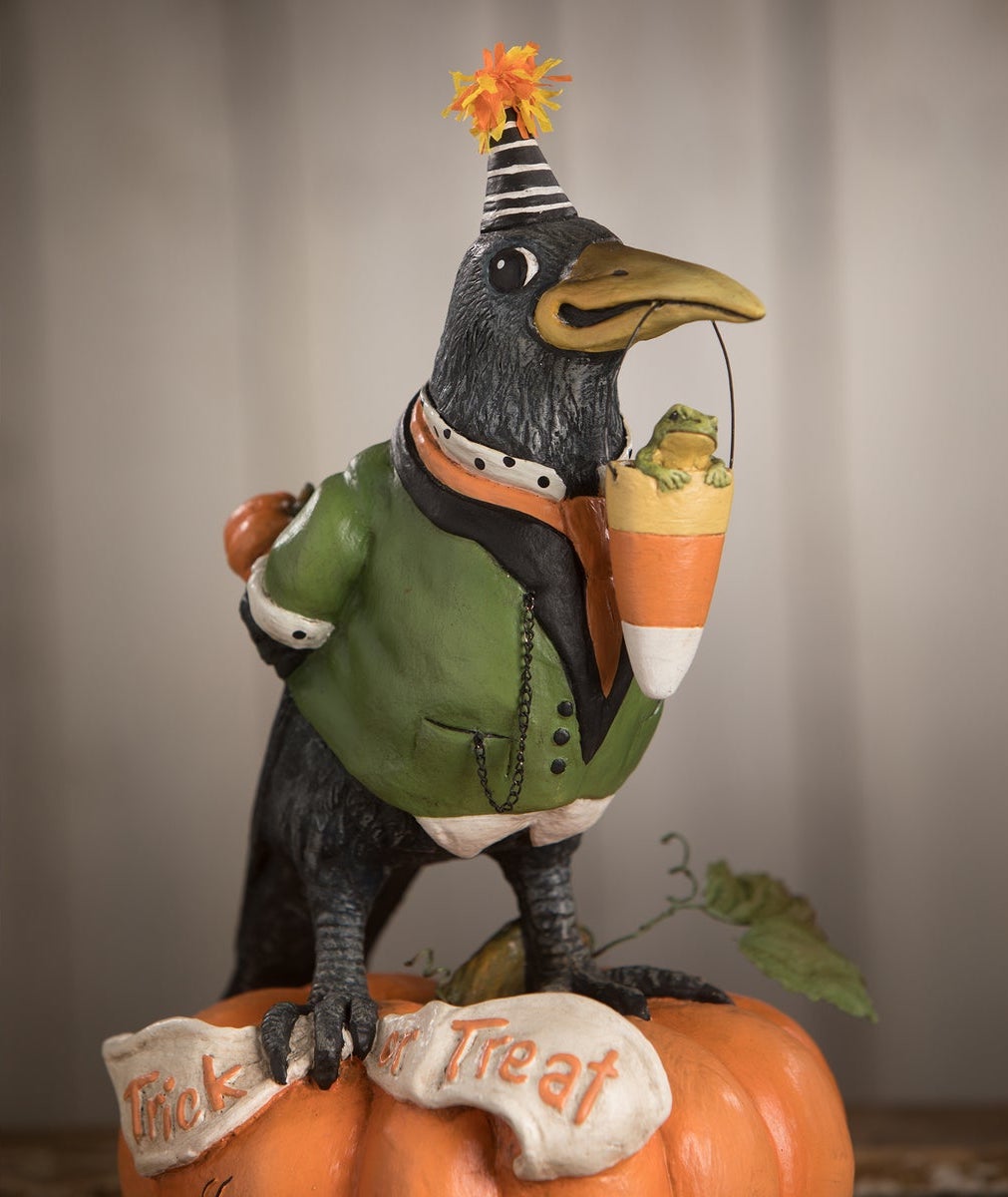 Bethany Lowe Tricky Crow on Pumpkin Closeup