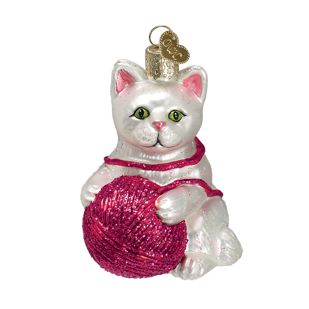 White Kitten with Ball of Yarn Glass Ornament by Old World Christmas